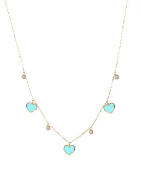 18K Gold Necklace with Enamel Heart Pendant & Bezel-Set Gemstone Accents