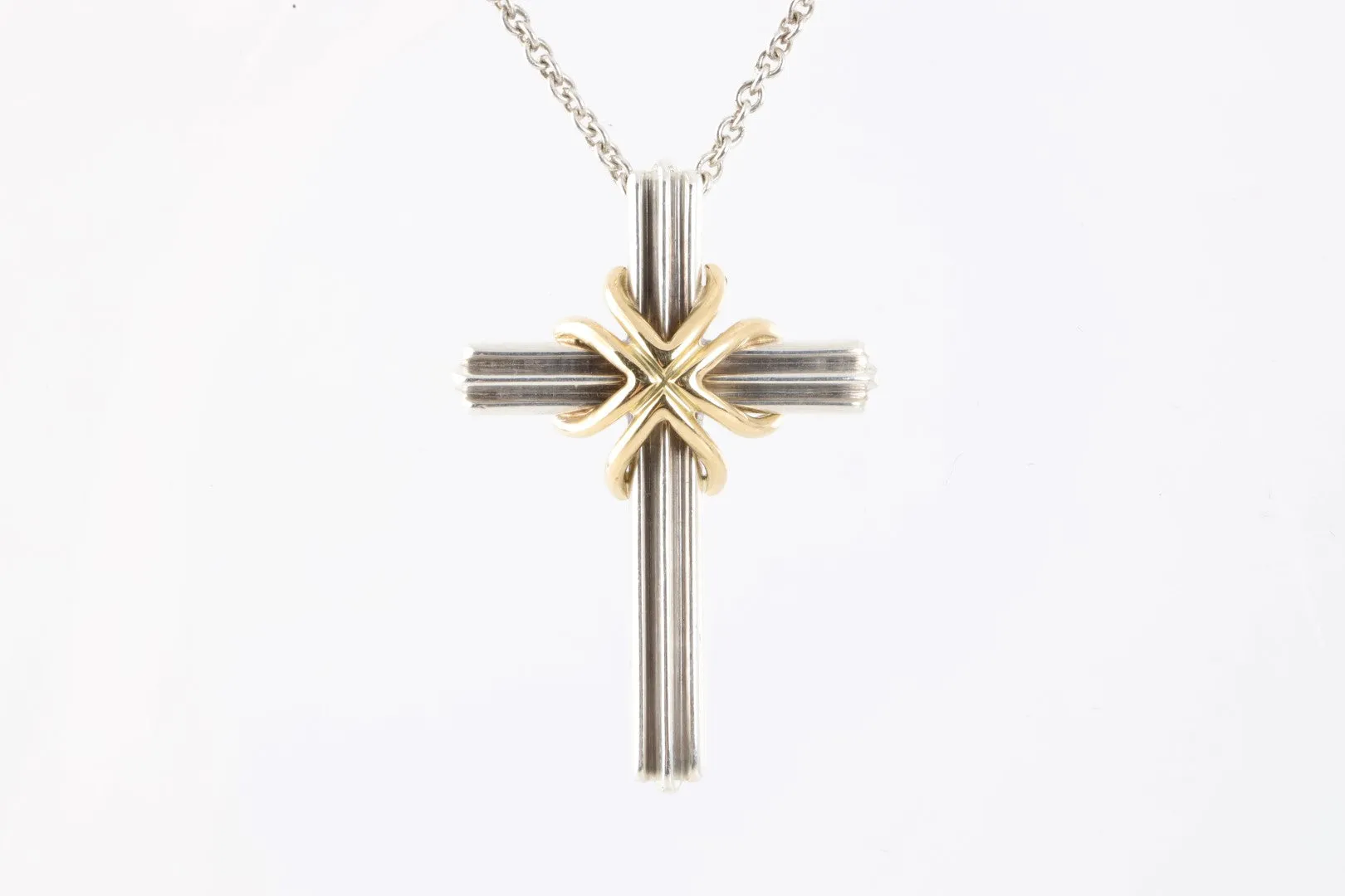 18" Tiffany & Co. 925 Silver & 18k Yellow Gold Cross Pendant Necklace (8.02g.)