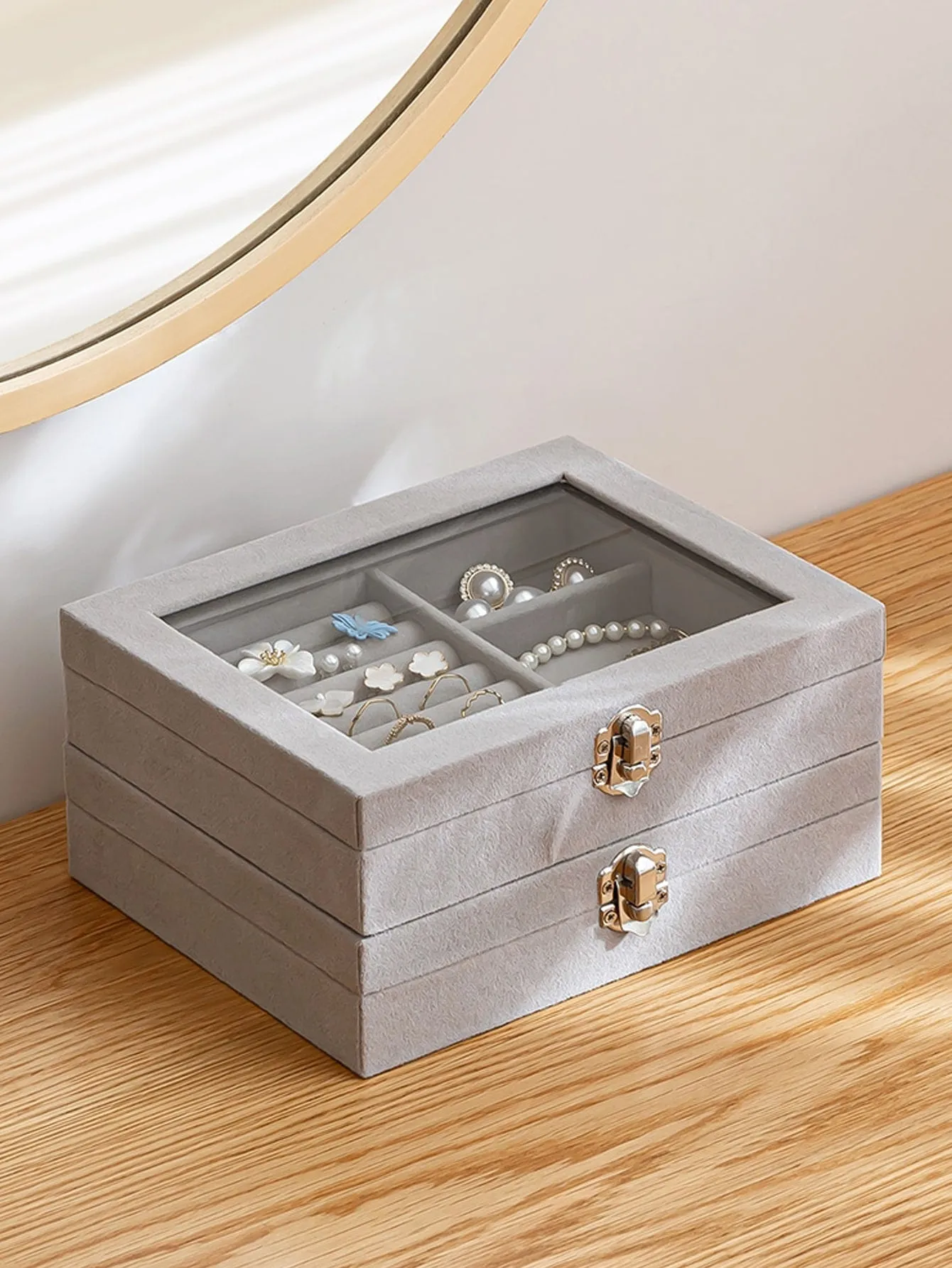 1pc Multi-grid Jewelry Storage Box, Modern Fabric Dust-proof Jewelry Storage Box For Desk