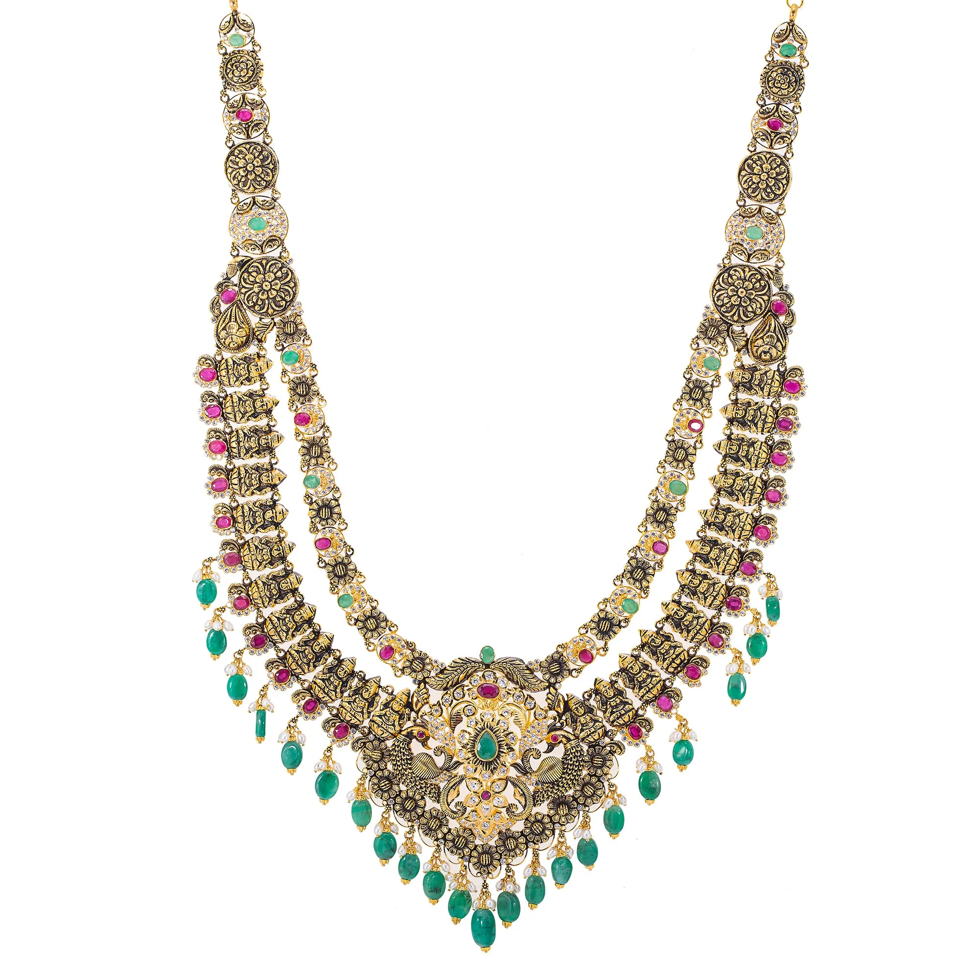 22K Antique Gold, CZ, Ruby & Emerald Peacock Temple Jewelry Set (137.5gm)