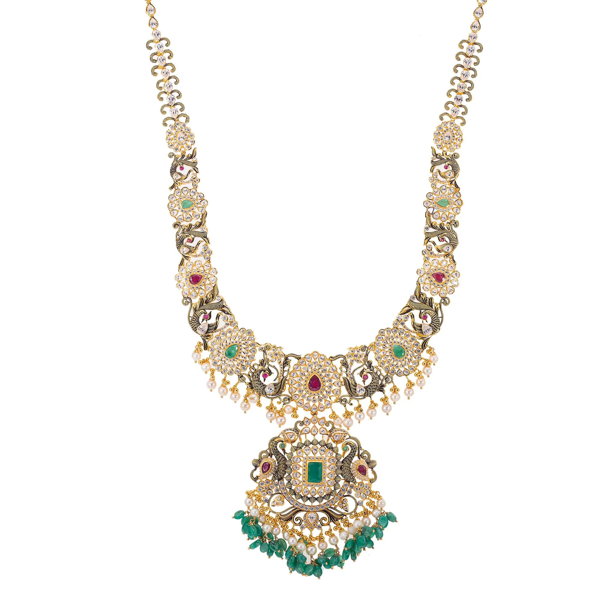 22K Antique Gold, CZ, Ruby, Pearl & Emerald Peacock Jewelry Set (158.5gm)