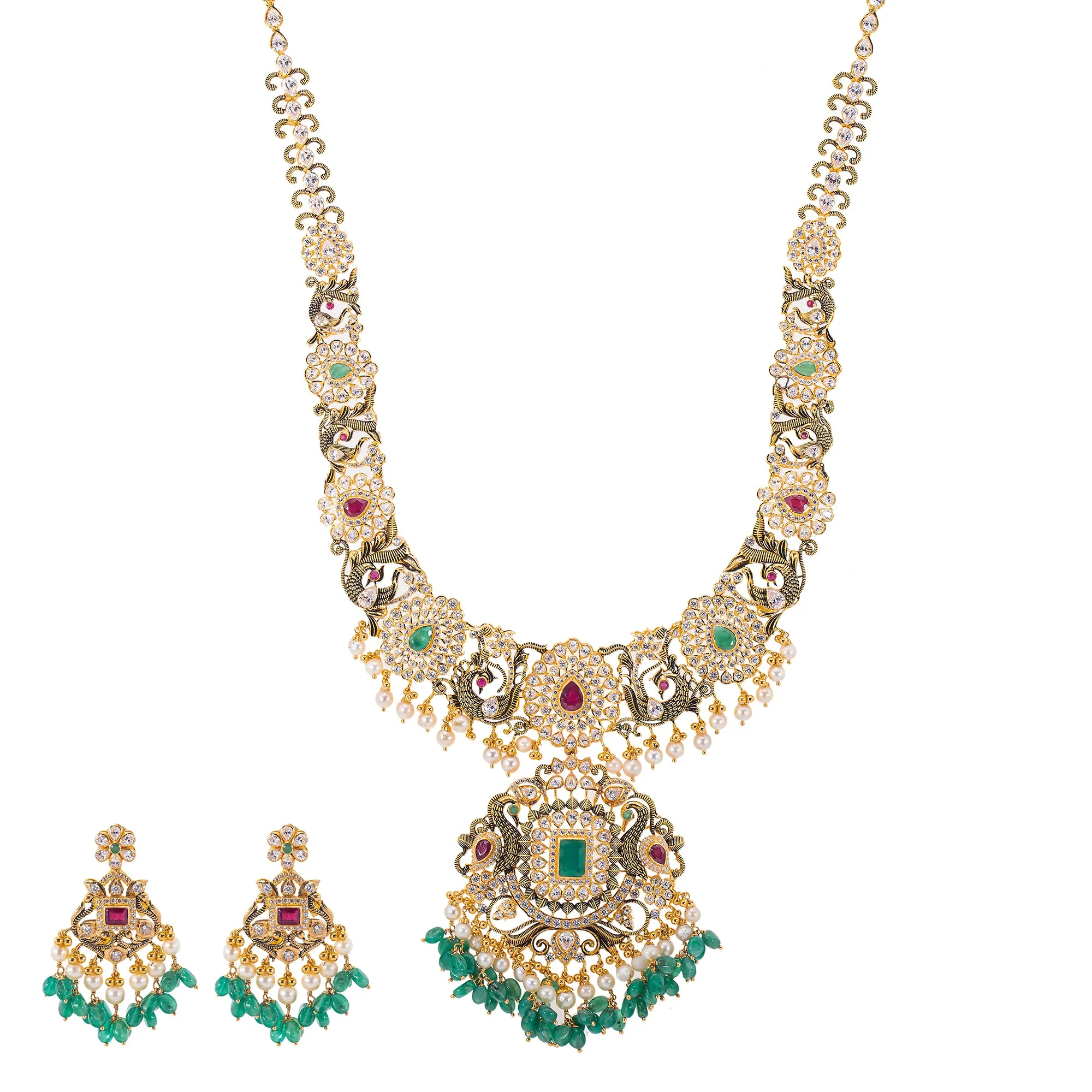 22K Antique Gold, CZ, Ruby, Pearl & Emerald Peacock Jewelry Set (158.5gm)