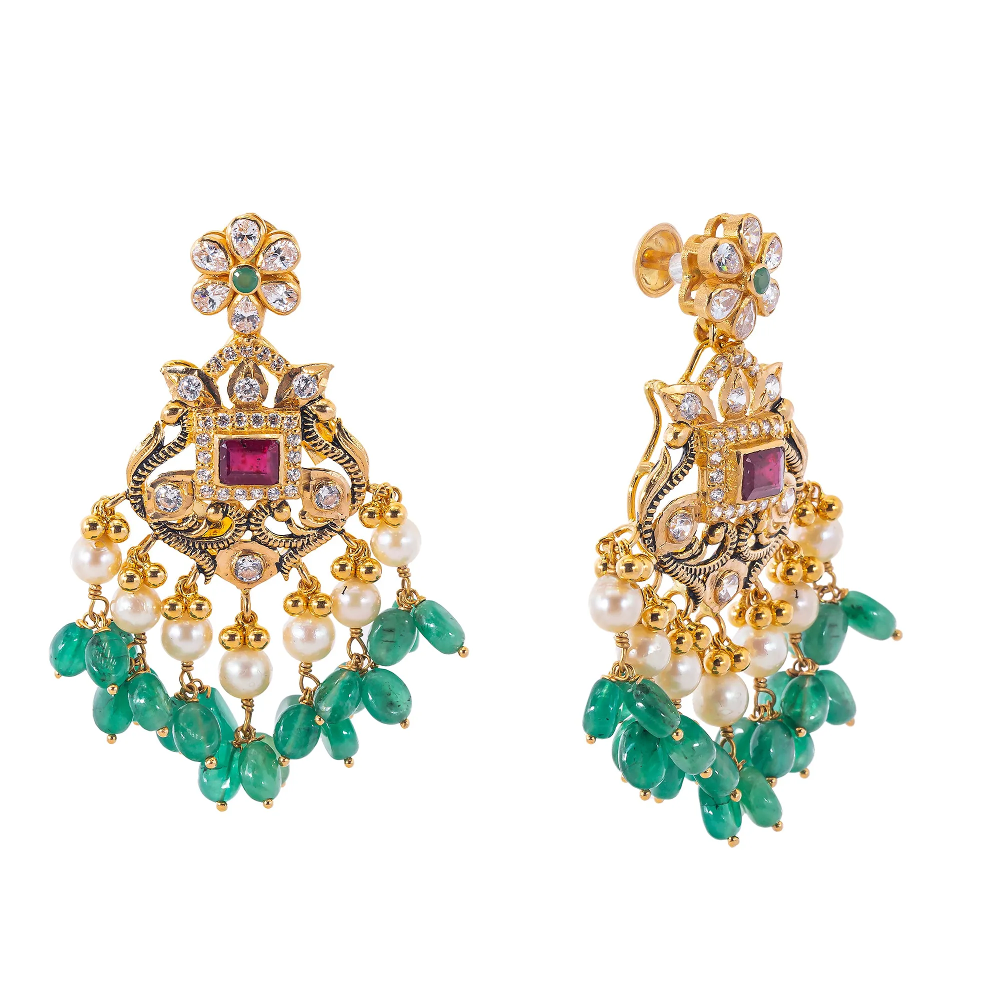 22K Antique Gold, CZ, Ruby, Pearl & Emerald Peacock Jewelry Set (158.5gm)