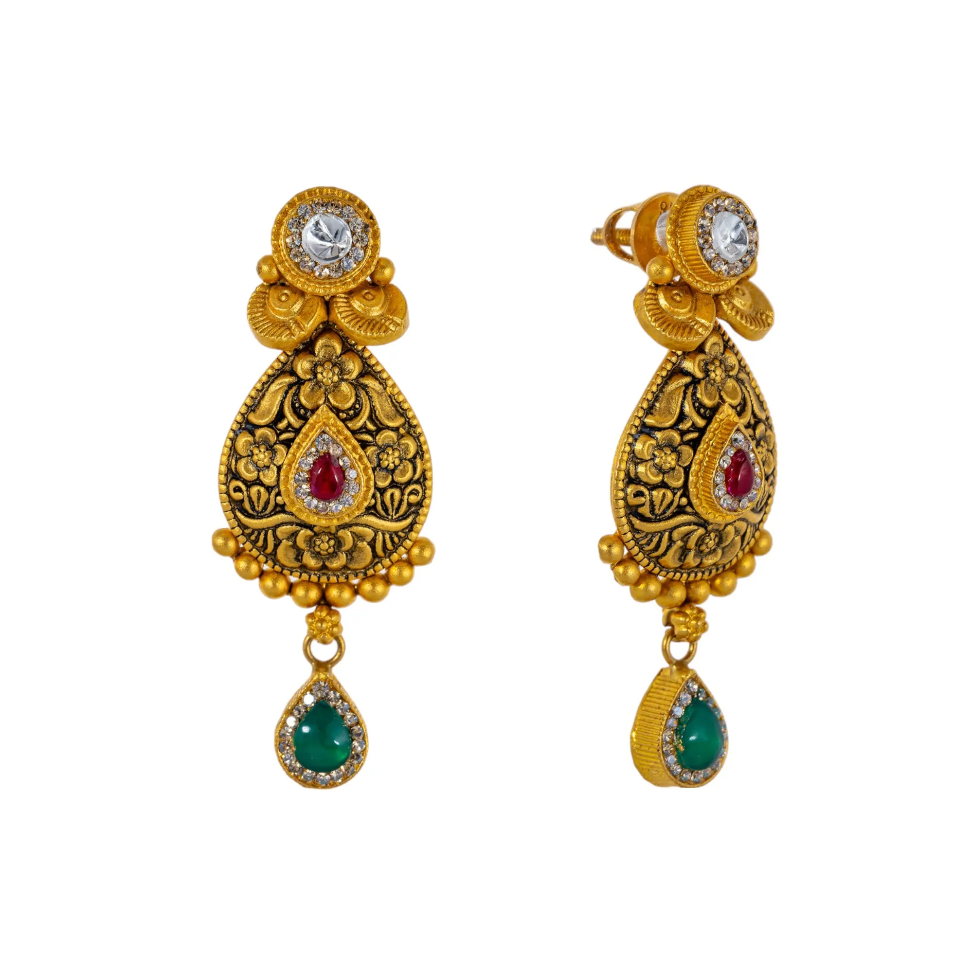 22K Antique Gold Jewelry Set w/ CZ, Kundan, Emerald & Ruby (36.6gm)