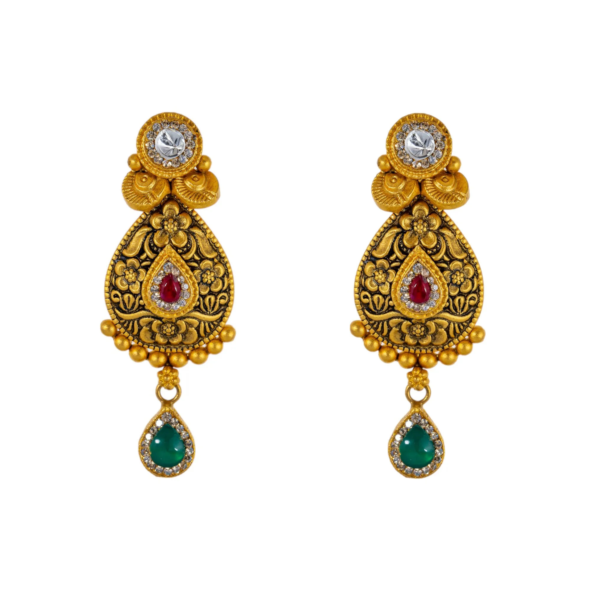 22K Antique Gold Jewelry Set w/ CZ, Kundan, Emerald & Ruby (36.6gm)