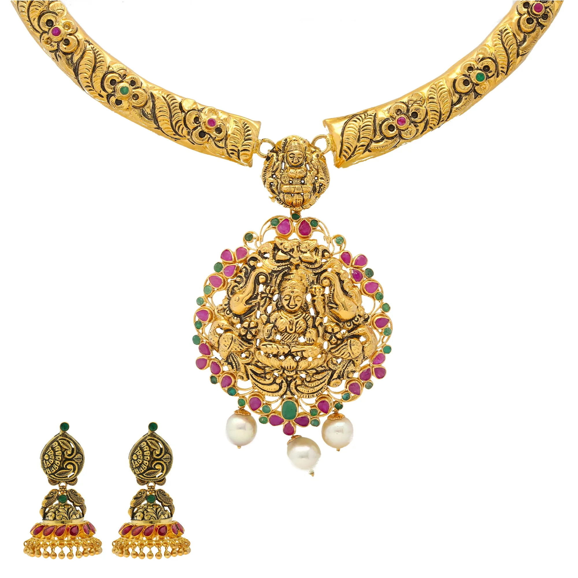 22K Gold & Gemstone Laxmi Necklace Set (63.3gm)