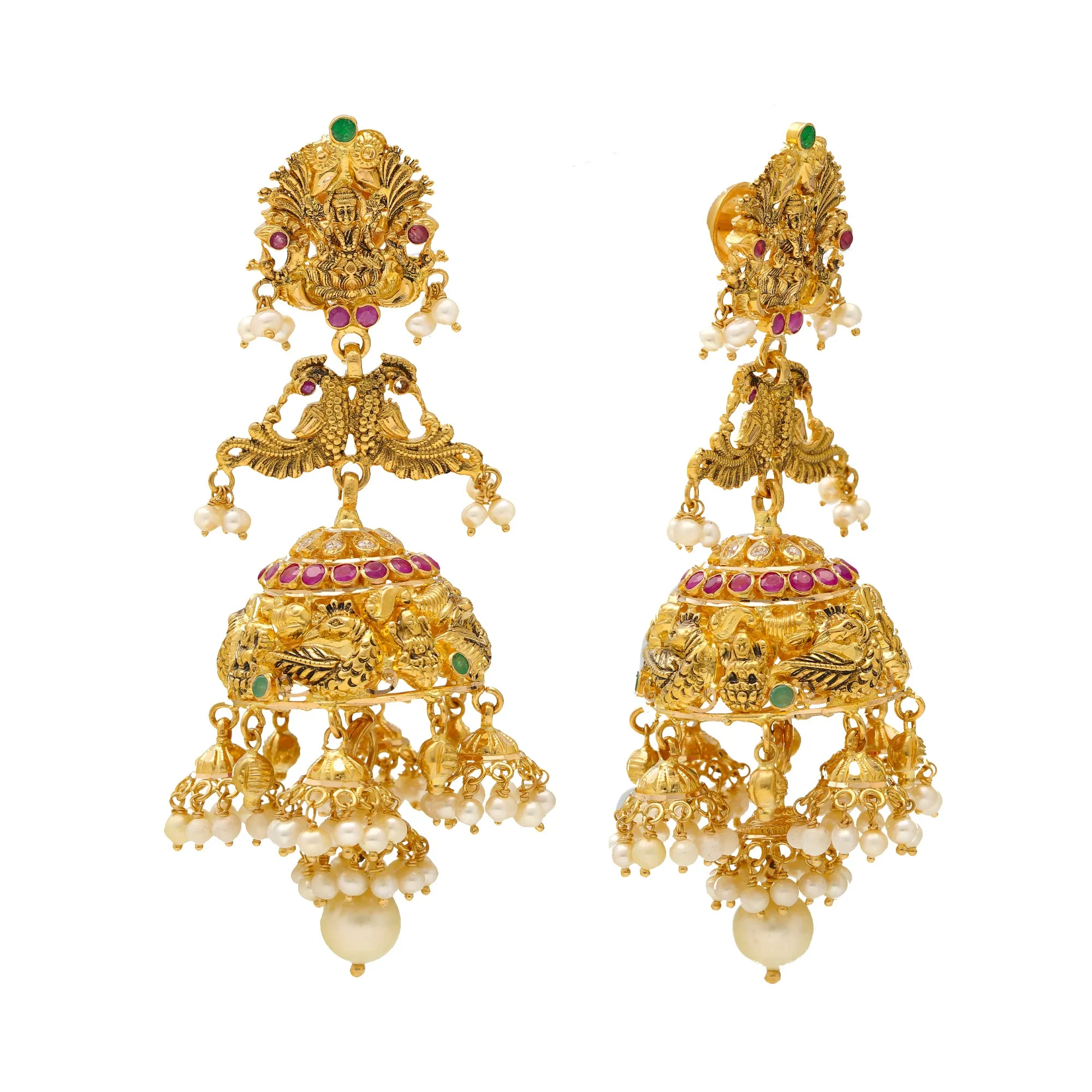 22K Yellow Gold, Emerald, Ruby, & Pearl Jhumkas (42gm)