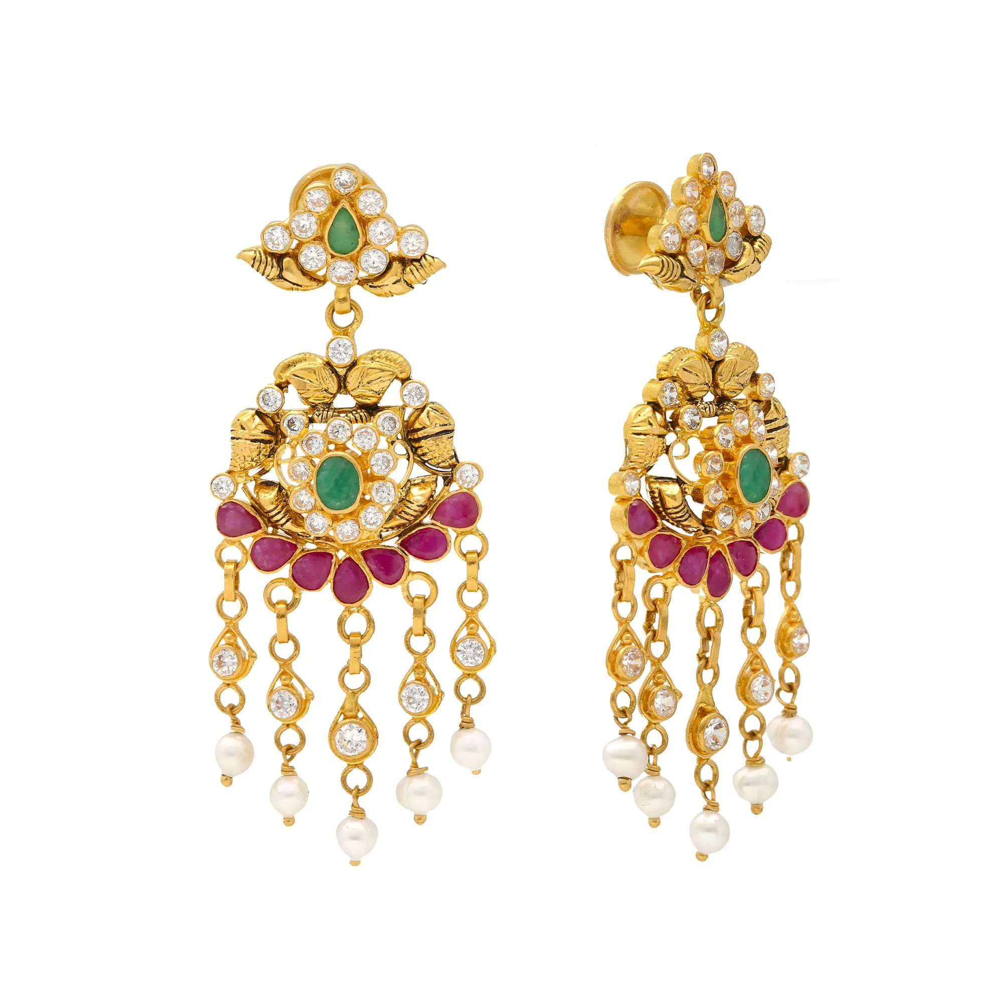 22K Yellow Gold, Gems & Pearls Chandbali Earrings (13.1gm)