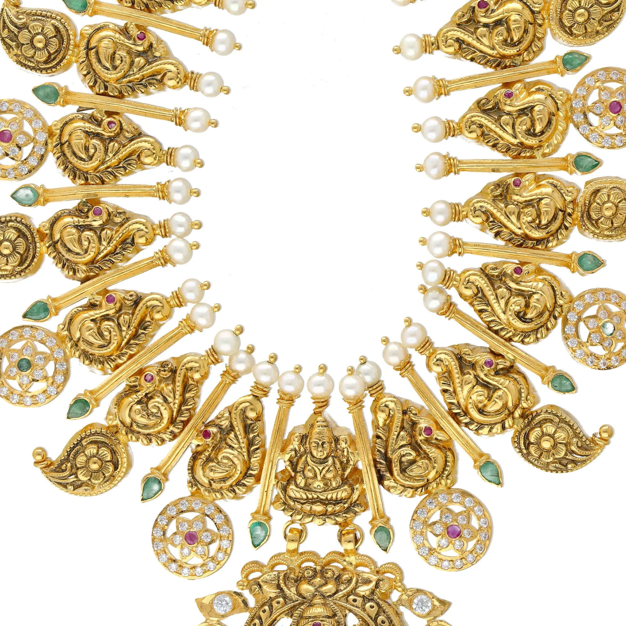 22K Yellow Gold, Gemstone & Pearl Laxmi Necklace (100.4gm)