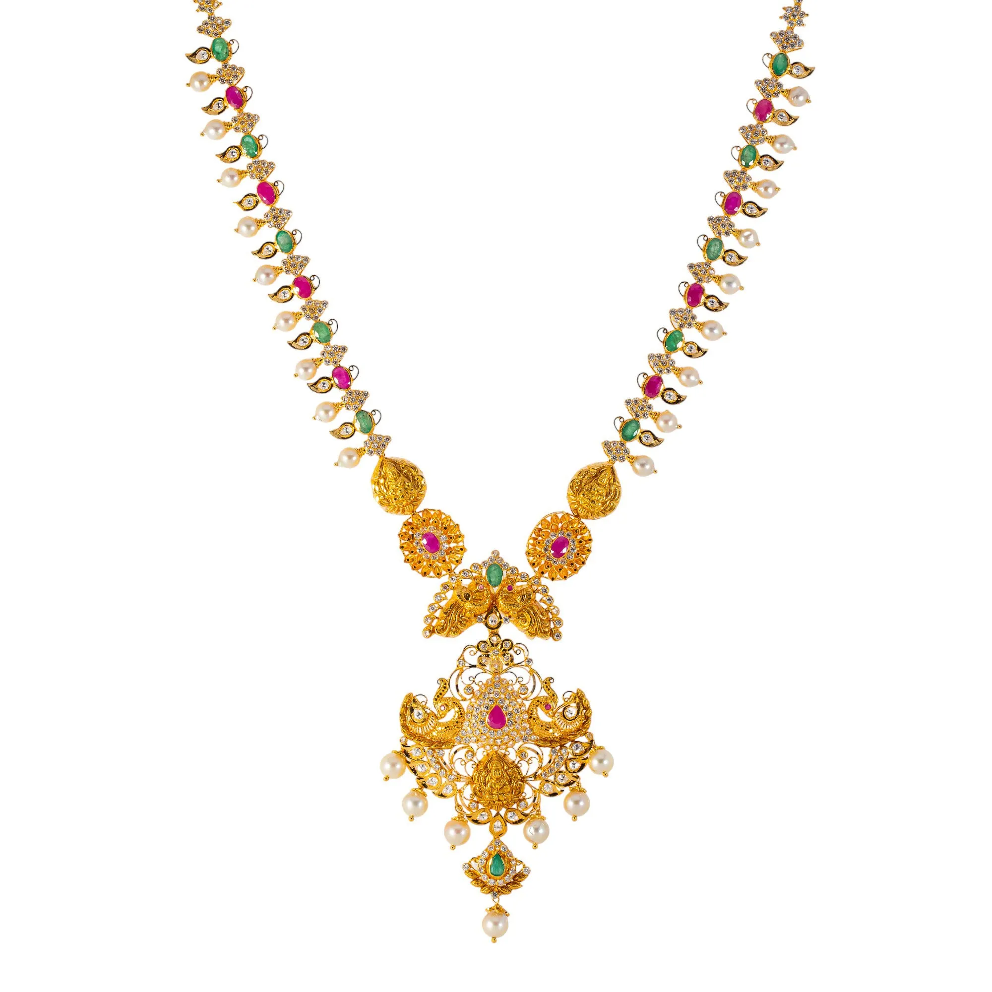 22k Yellow Gold, Gemstone, & Pearl Temple Necklace Set (93.7gm)