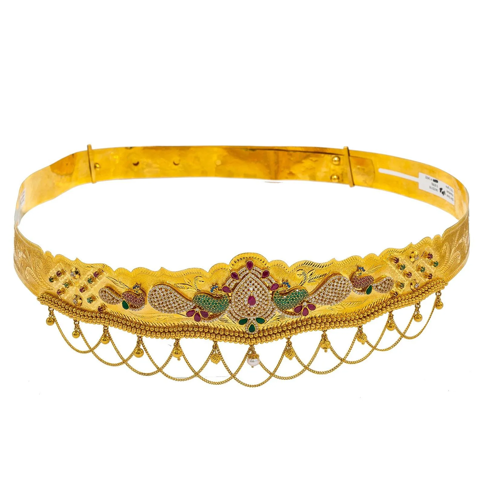 22K Yellow Gold Vaddanam Waist Belt W/ Ruby, Sapphire, CZ Gems & Teardrop Peacocks Pendant