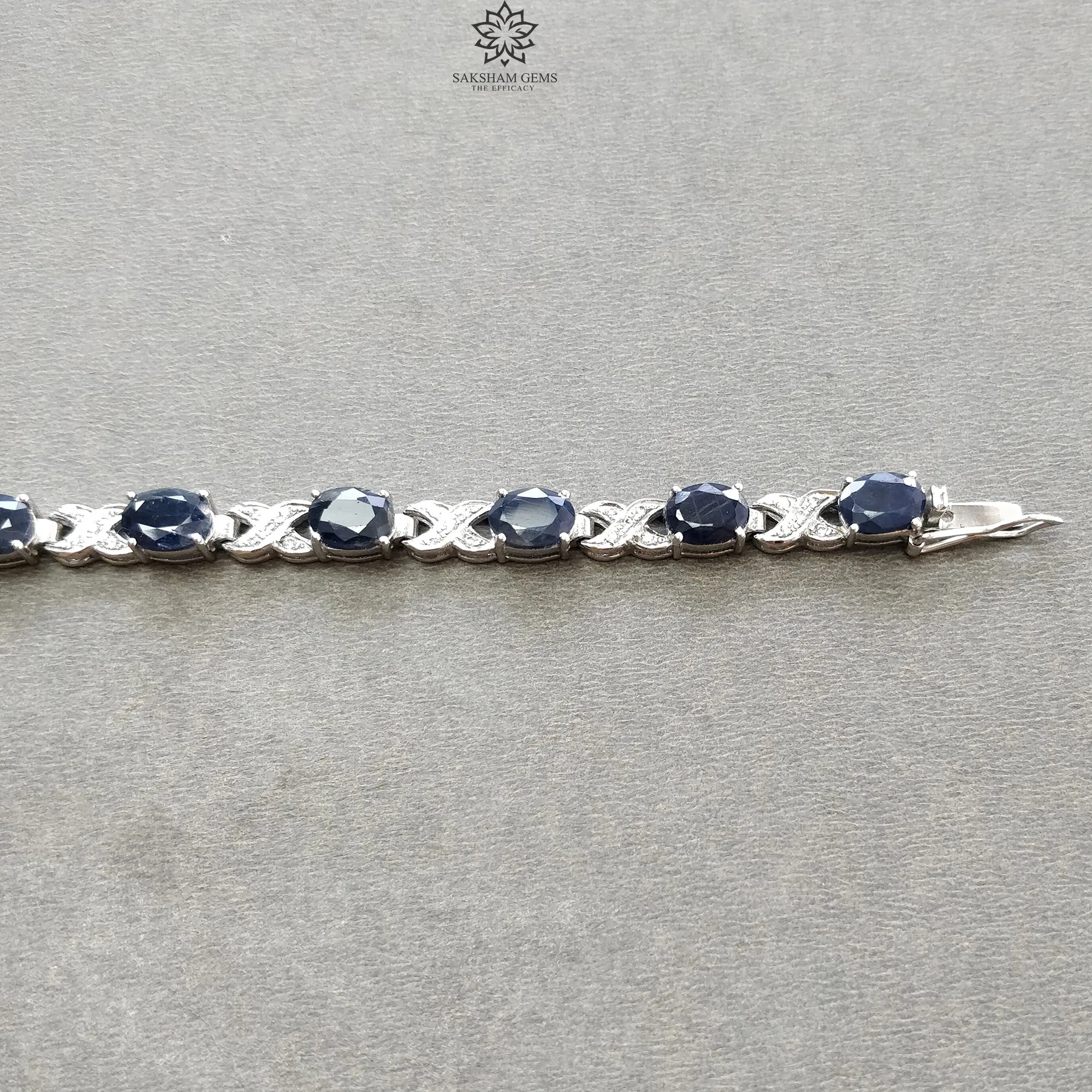 925 Sterling Silver Bracelet : 15.17gms Natural Blue Sapphire Gemstone With CZ Oval Normal Cut Prong Set Tennis Bracelet 7.5"