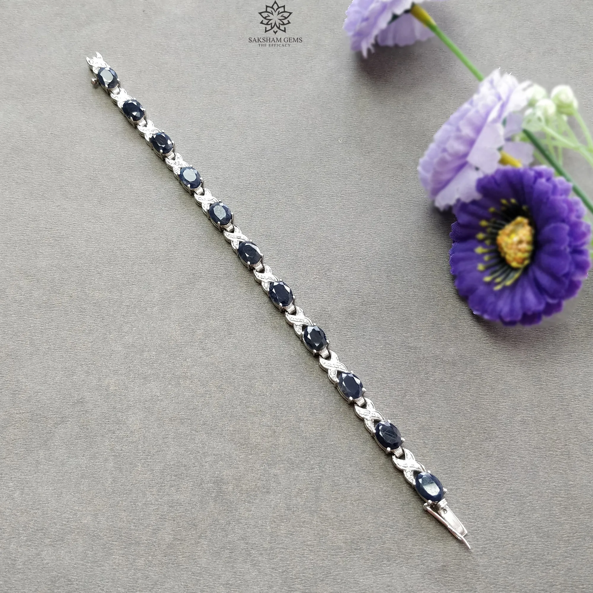 925 Sterling Silver Bracelet : 15.17gms Natural Blue Sapphire Gemstone With CZ Oval Normal Cut Prong Set Tennis Bracelet 7.5"