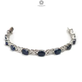 925 Sterling Silver Bracelet : 15.17gms Natural Blue Sapphire Gemstone With CZ Oval Normal Cut Prong Set Tennis Bracelet 7.5"