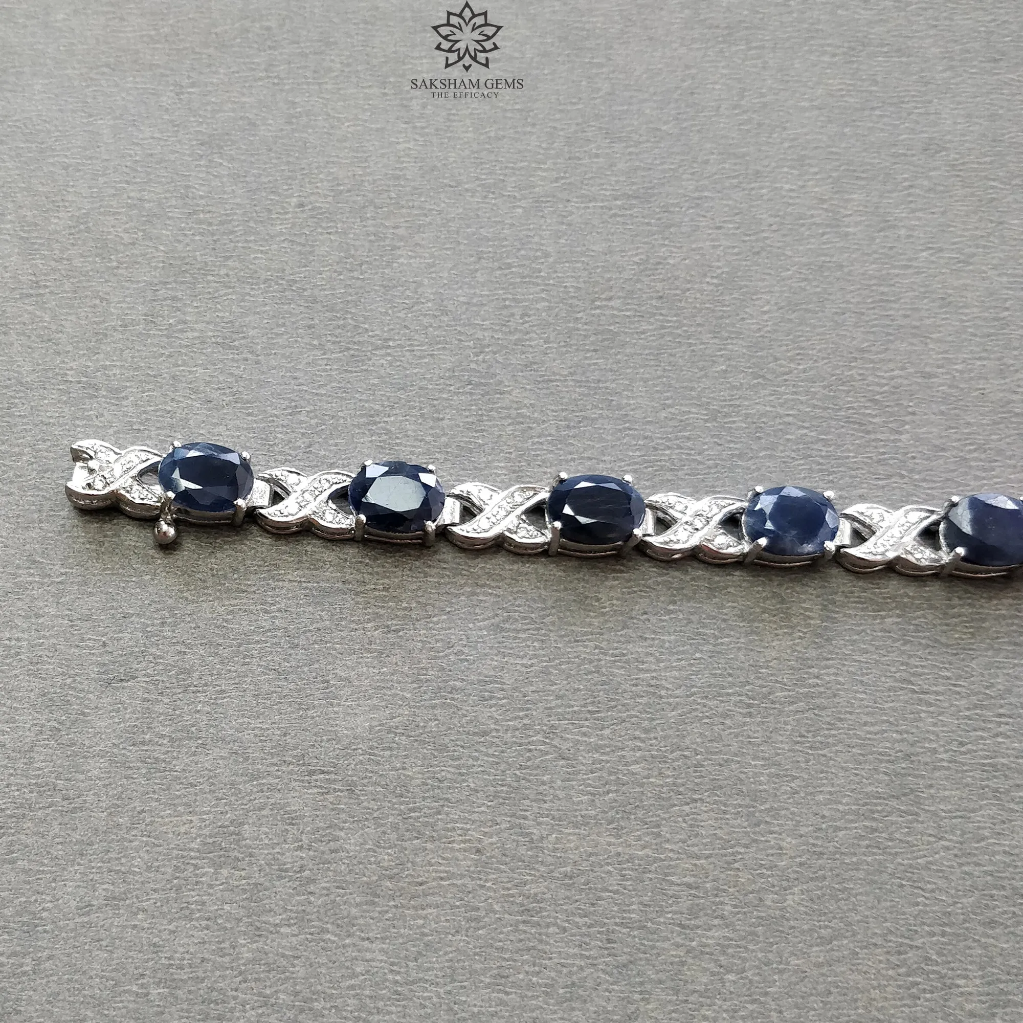 925 Sterling Silver Bracelet : 15.17gms Natural Blue Sapphire Gemstone With CZ Oval Normal Cut Prong Set Tennis Bracelet 7.5"