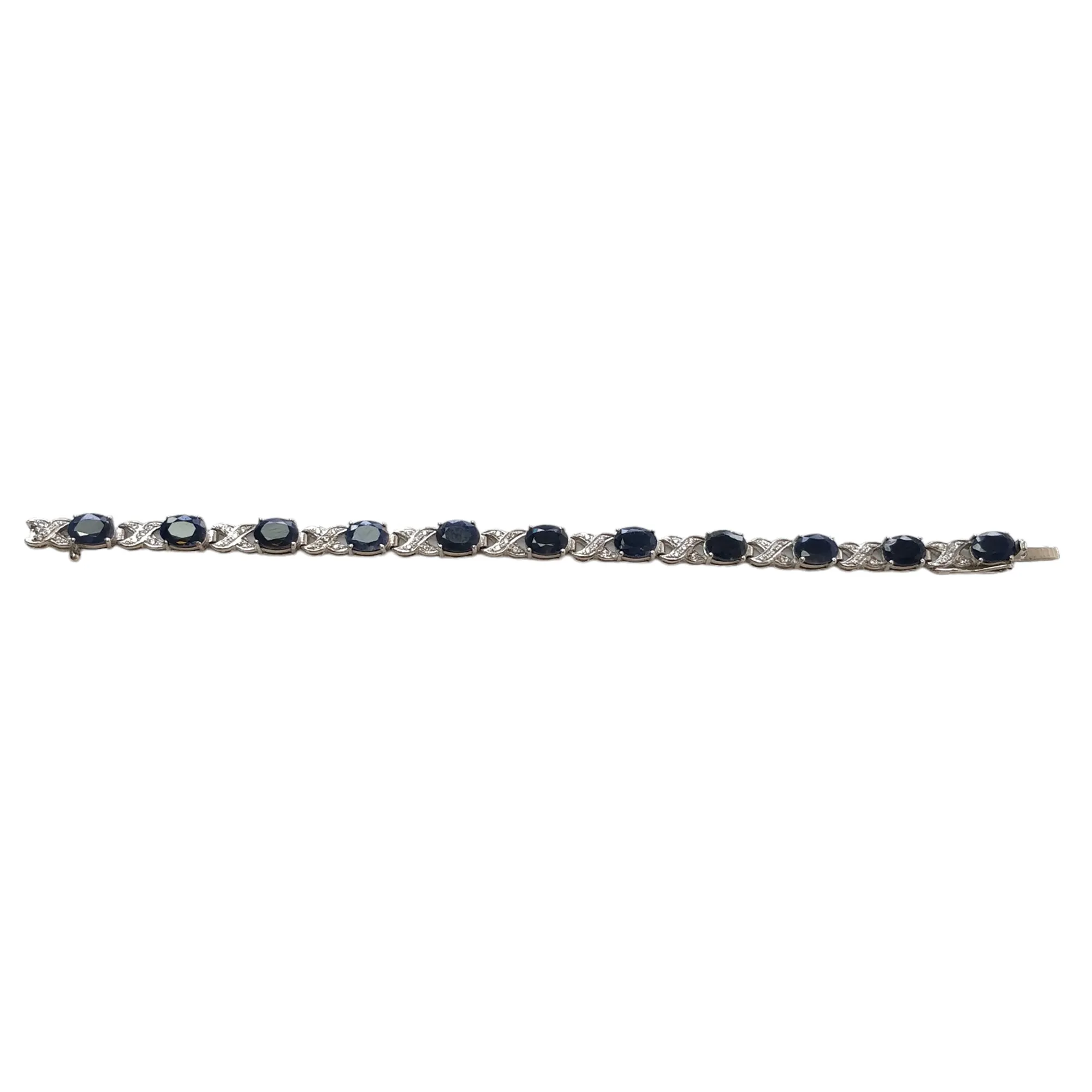 925 Sterling Silver Bracelet : 15.17gms Natural Blue Sapphire Gemstone With CZ Oval Normal Cut Prong Set Tennis Bracelet 7.5"