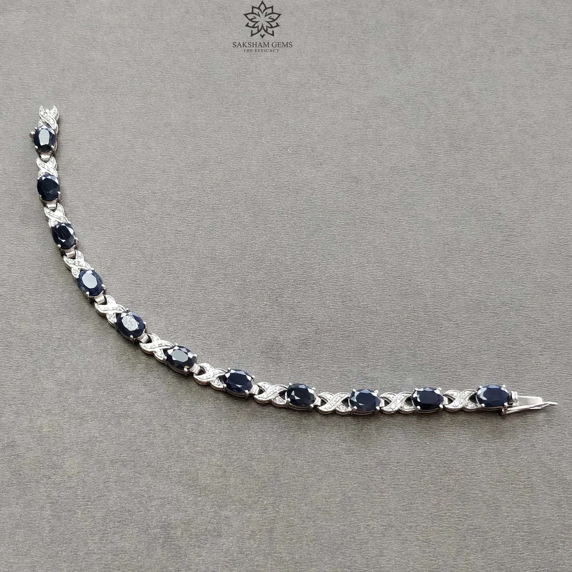 925 Sterling Silver Bracelet : 15.17gms Natural Blue Sapphire Gemstone With CZ Oval Normal Cut Prong Set Tennis Bracelet 7.5"