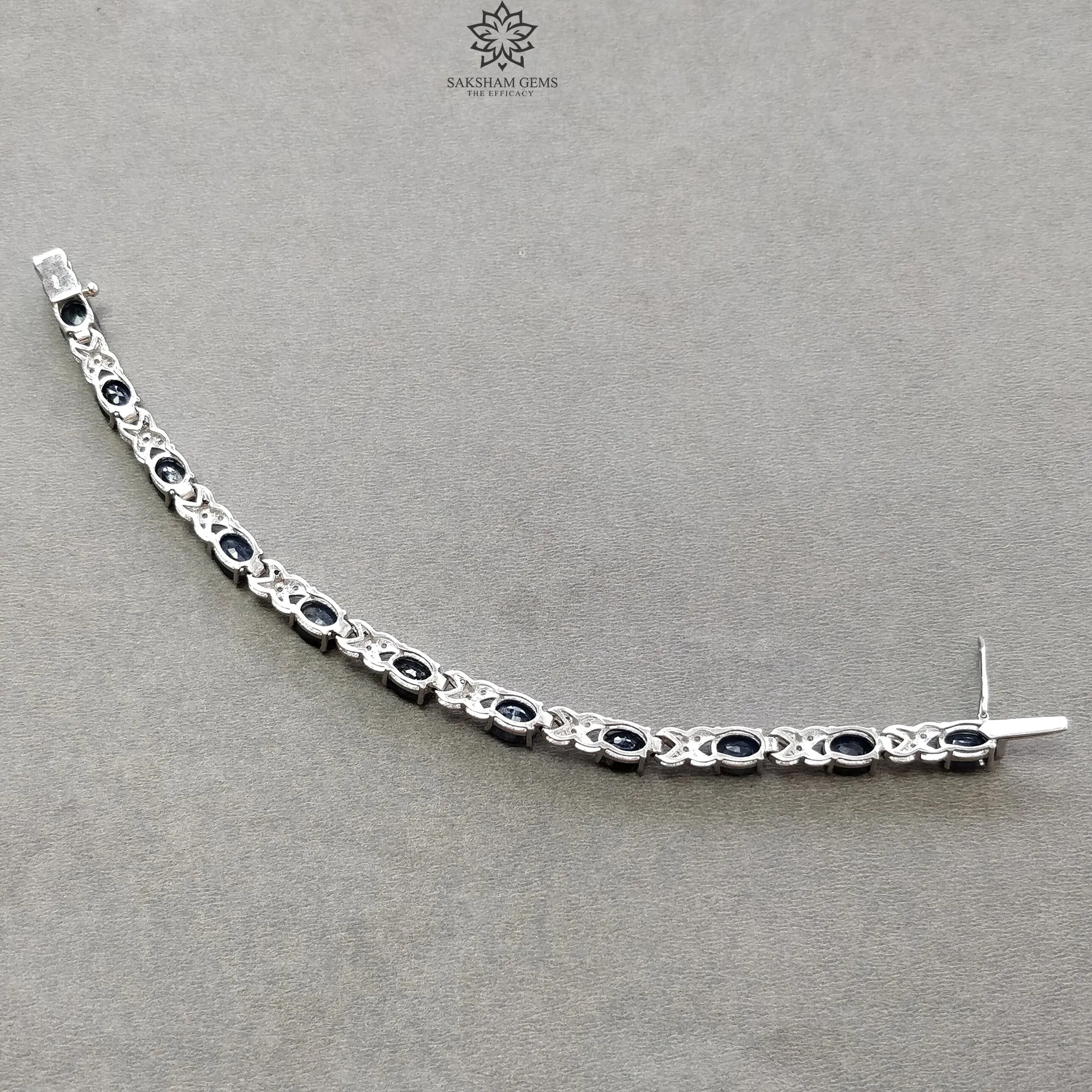 925 Sterling Silver Bracelet : 15.17gms Natural Blue Sapphire Gemstone With CZ Oval Normal Cut Prong Set Tennis Bracelet 7.5"