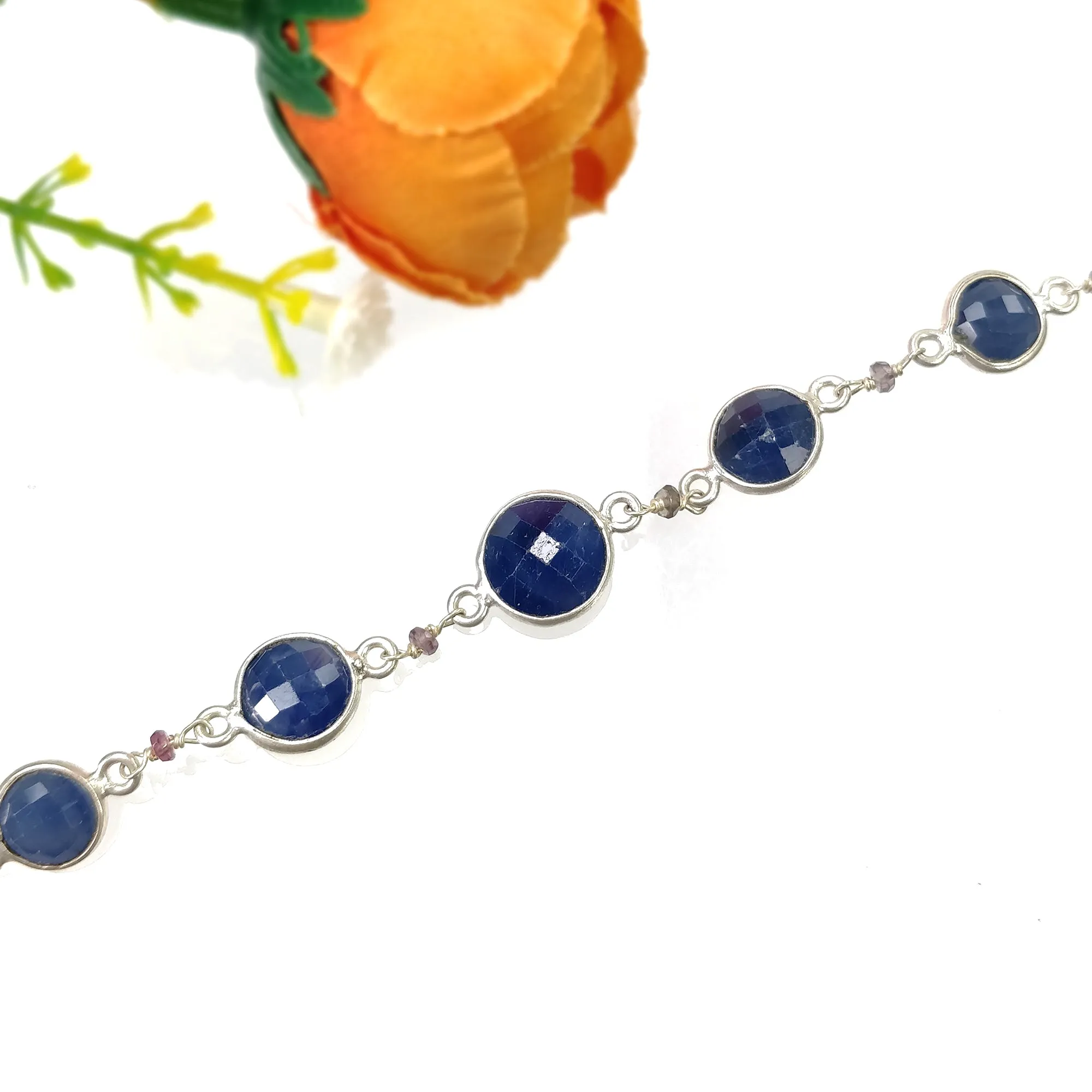 925 Sterling Silver Bracelet : 5.70gm Natural Blue Sapphire Gemstone Round Checker Cut Briolette Bezel Set Chain Bracelet 8"