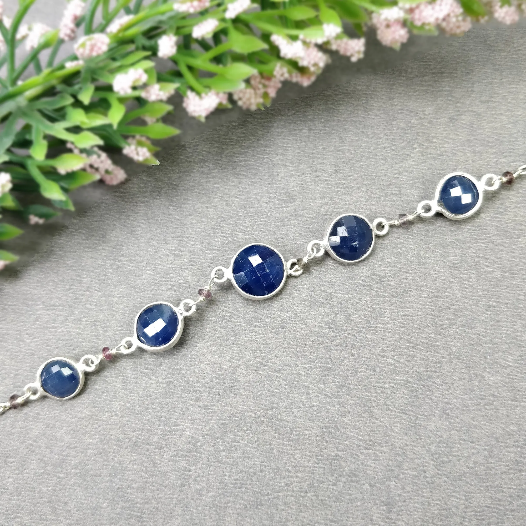 925 Sterling Silver Bracelet : 5.70gm Natural Blue Sapphire Gemstone Round Checker Cut Briolette Bezel Set Chain Bracelet 8"