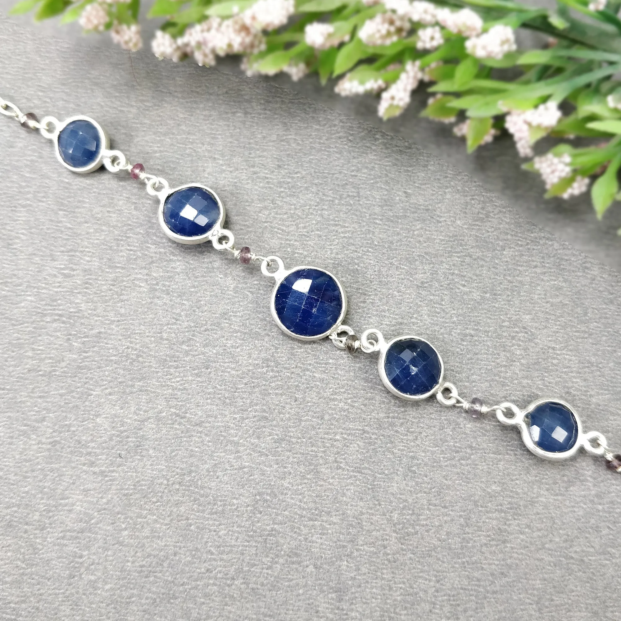 925 Sterling Silver Bracelet : 5.70gm Natural Blue Sapphire Gemstone Round Checker Cut Briolette Bezel Set Chain Bracelet 8"