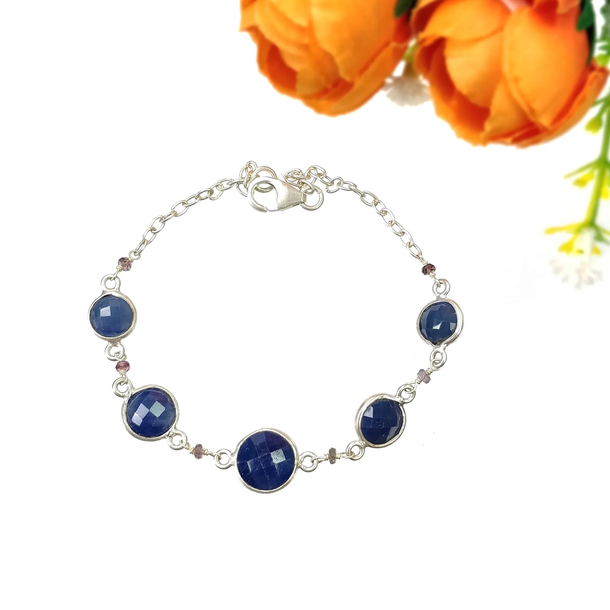 925 Sterling Silver Bracelet : 5.70gm Natural Blue Sapphire Gemstone Round Checker Cut Briolette Bezel Set Chain Bracelet 8"