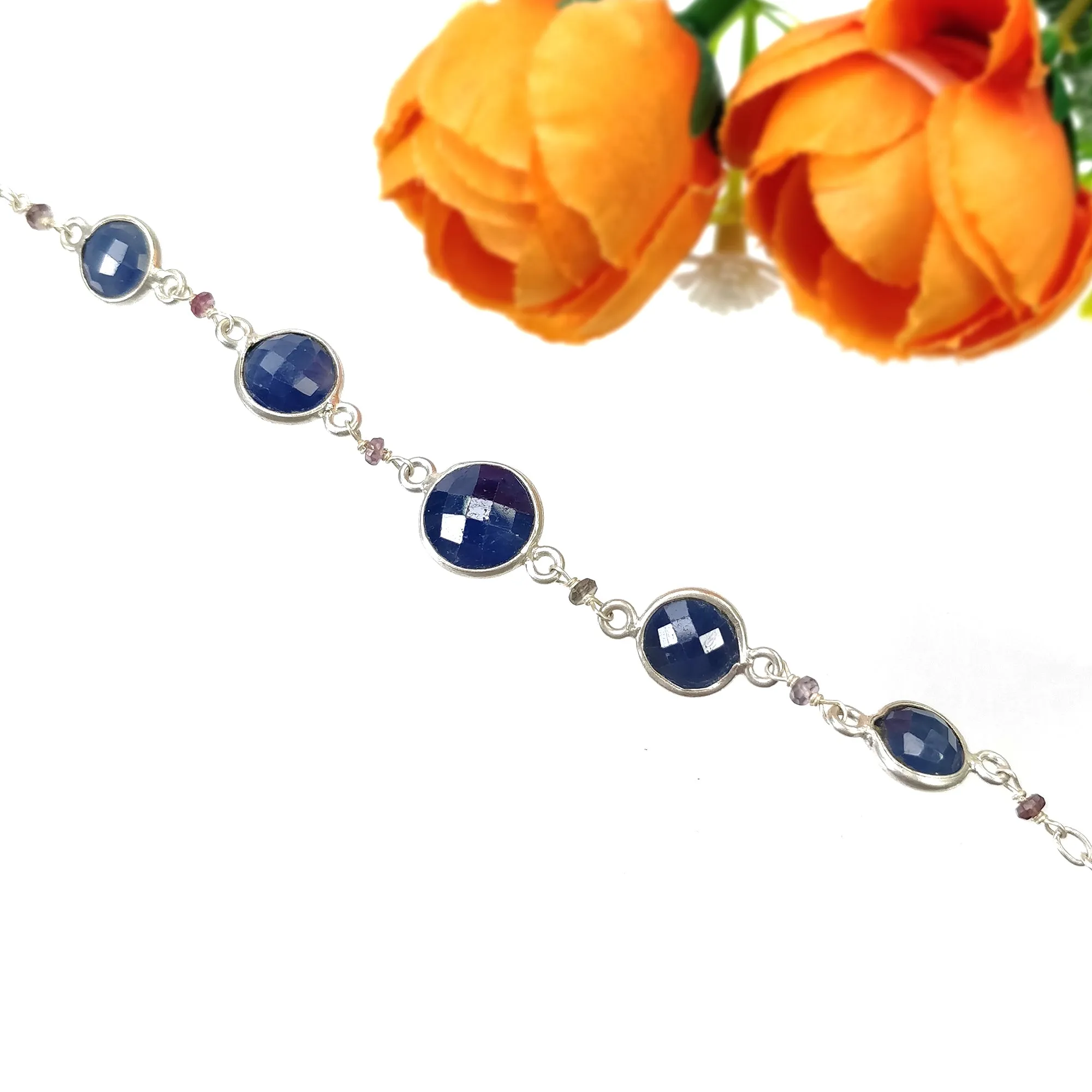 925 Sterling Silver Bracelet : 5.70gm Natural Blue Sapphire Gemstone Round Checker Cut Briolette Bezel Set Chain Bracelet 8"