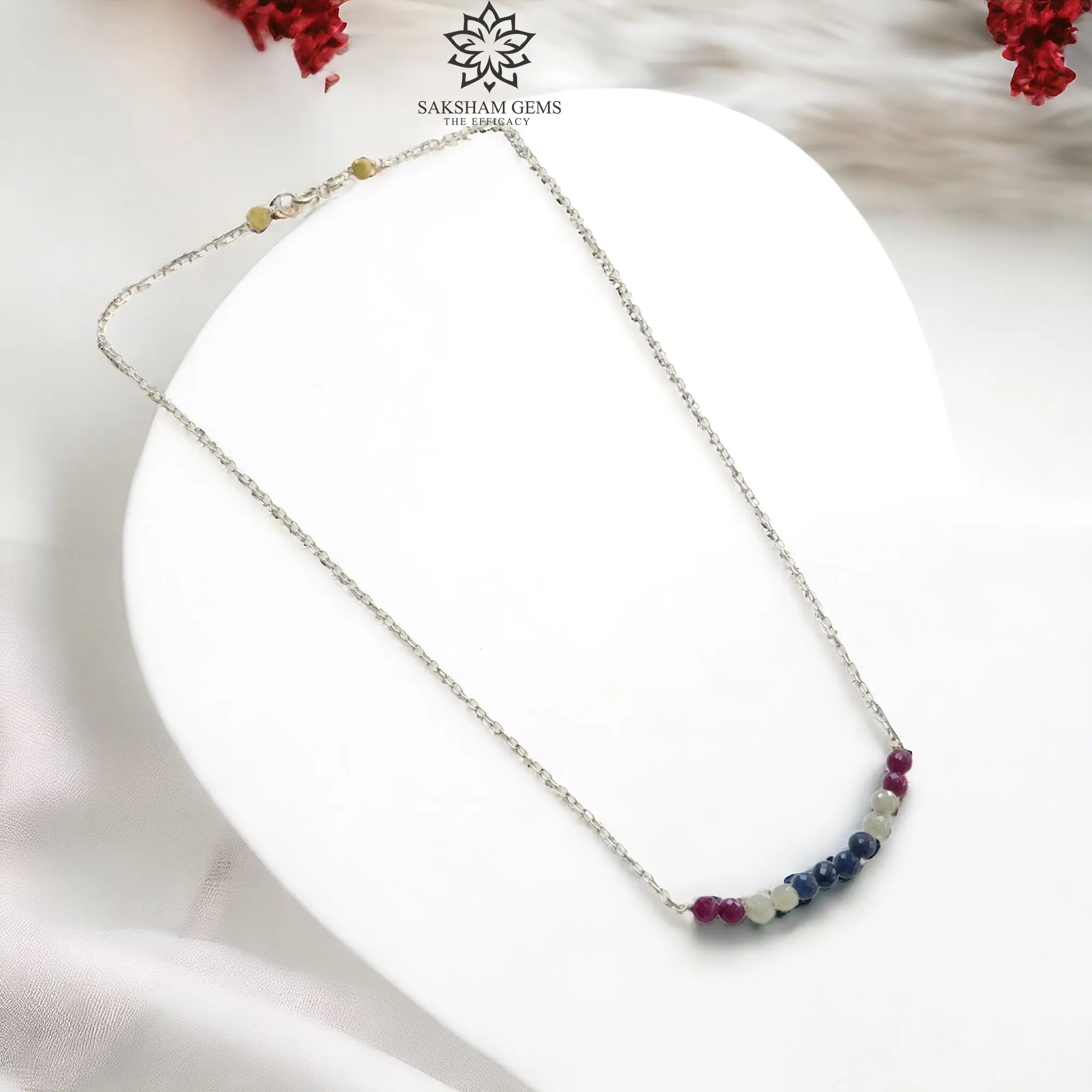 925 Sterling Silver Natural Blue Sapphire and Red Ruby Gemstones Beads Chain NECKLACE : 4.08gms Rose cut Beaded Necklace 18"