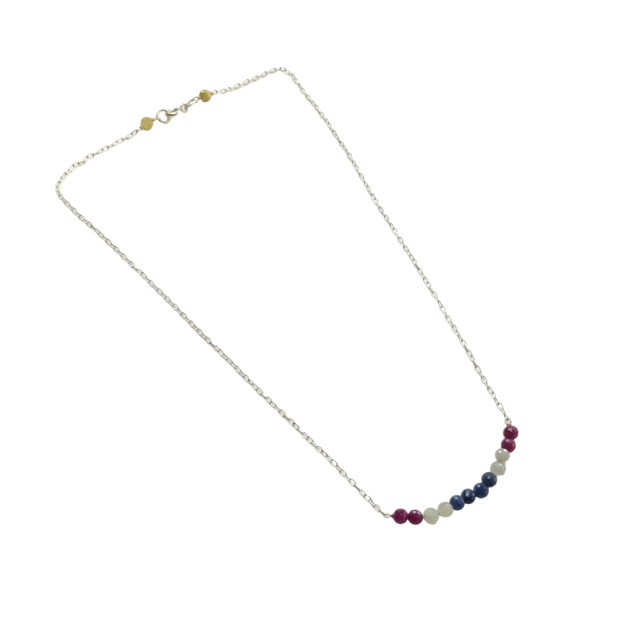 925 Sterling Silver Natural Blue Sapphire and Red Ruby Gemstones Beads Chain NECKLACE : 4.08gms Rose cut Beaded Necklace 18"