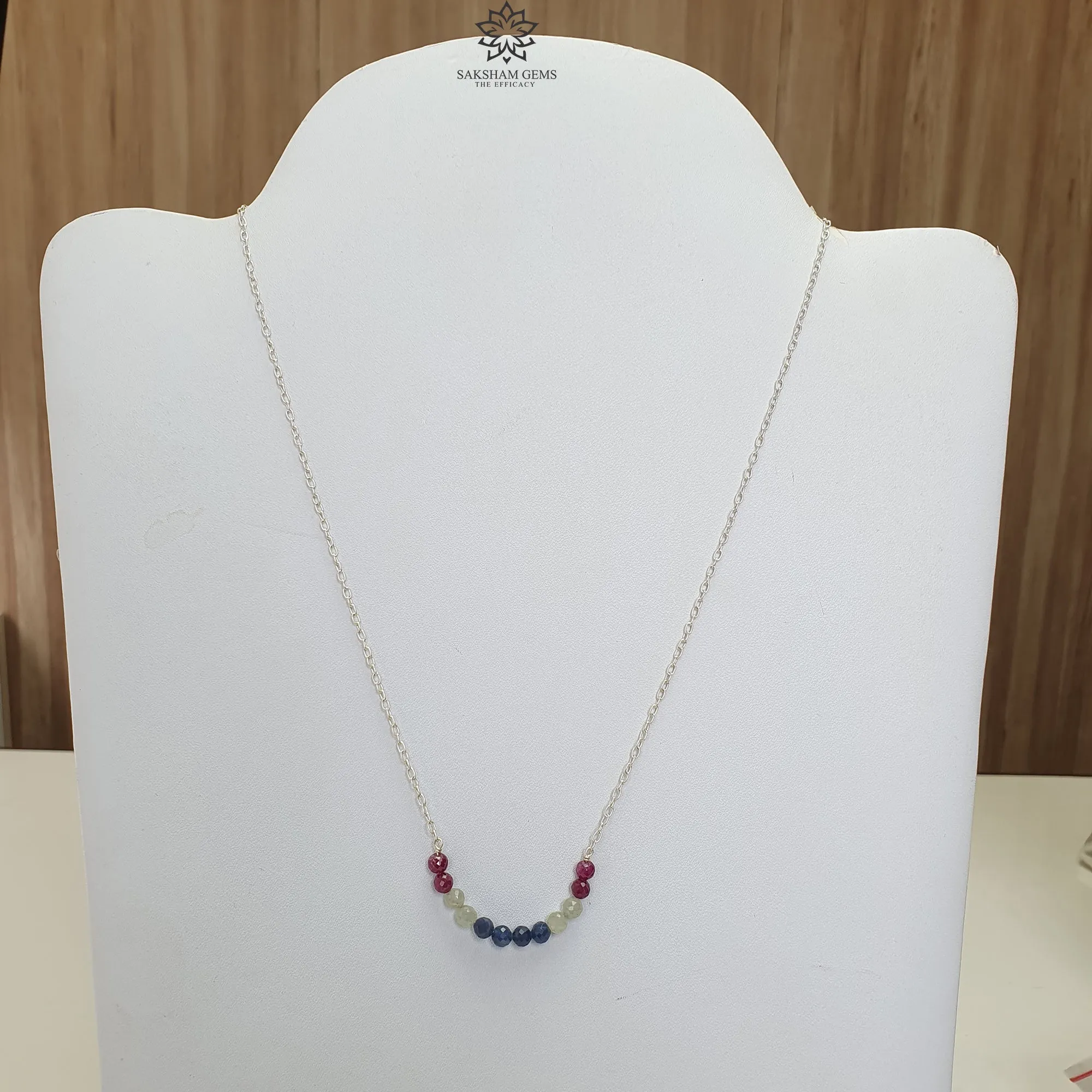 925 Sterling Silver Natural Blue Sapphire and Red Ruby Gemstones Beads Chain NECKLACE : 4.08gms Rose cut Beaded Necklace 18"