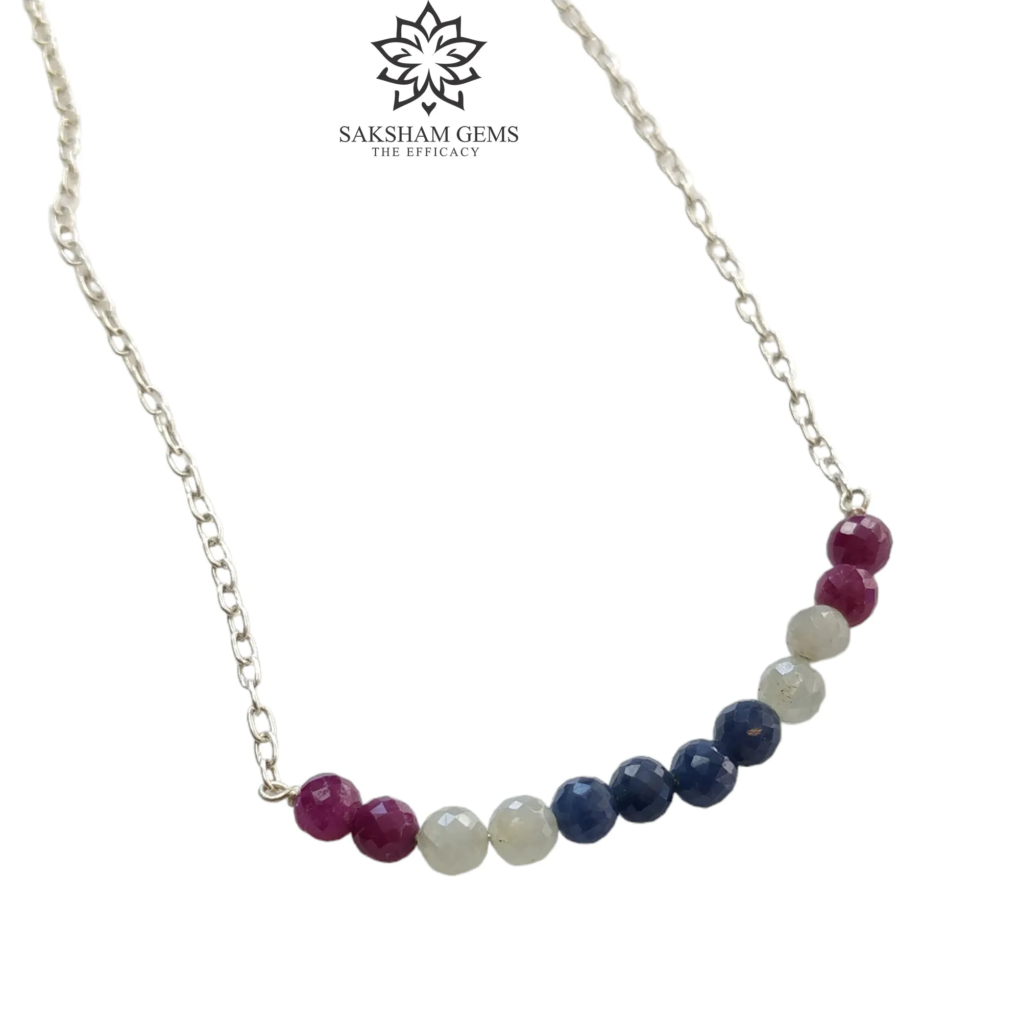 925 Sterling Silver Natural Blue Sapphire and Red Ruby Gemstones Beads Chain NECKLACE : 4.08gms Rose cut Beaded Necklace 18"