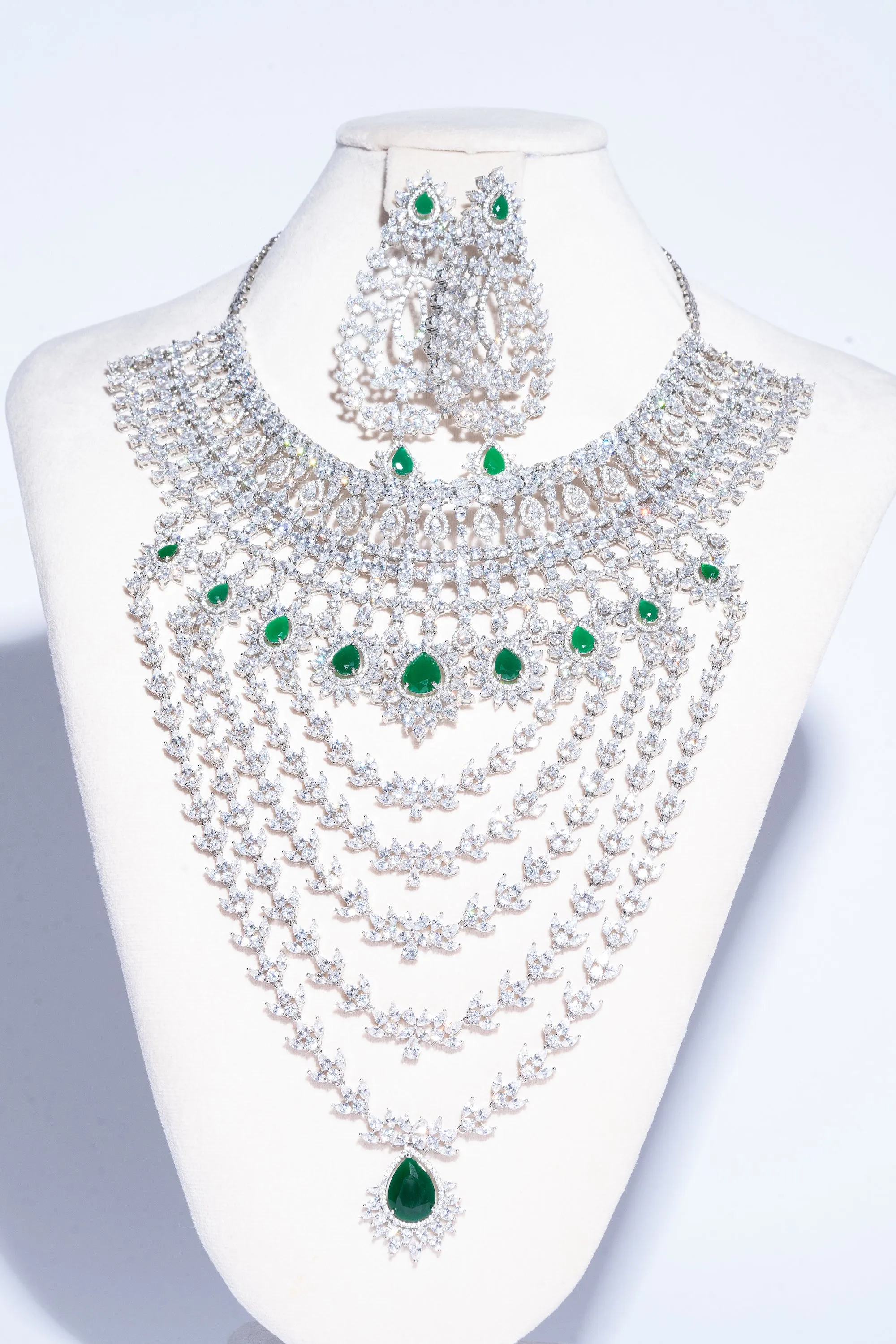 Aella Crystal & Emerald Necklace & Earring Set By Jaipur Rose Luxury Indian Jewelry Online