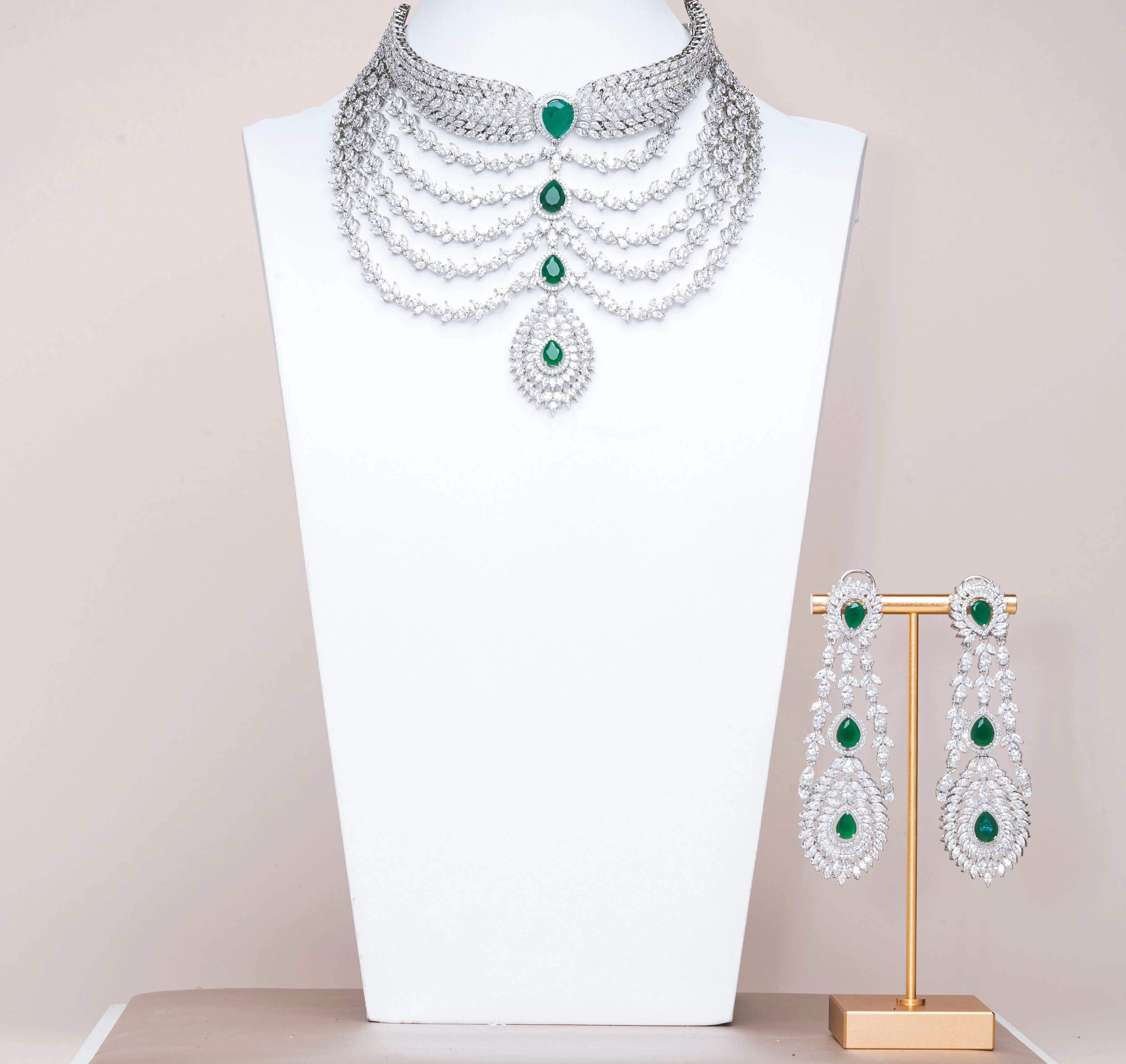 Ahana Luxury Emerald Green Necklace & Earring Set By Jaipur Rose Luxury Indian Jewelry Onli