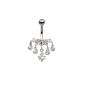 Belly Ring - 5-Cluster Pronged Marquise Clear CZ with 5 Dangle Gems - Silver