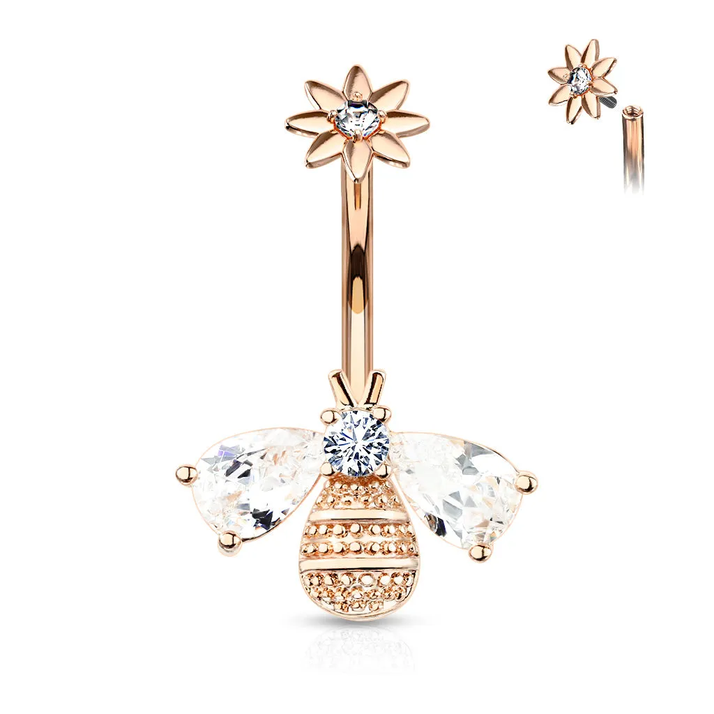 Belly Ring - Bee Cubic Zirconia Wings - Clear Gem