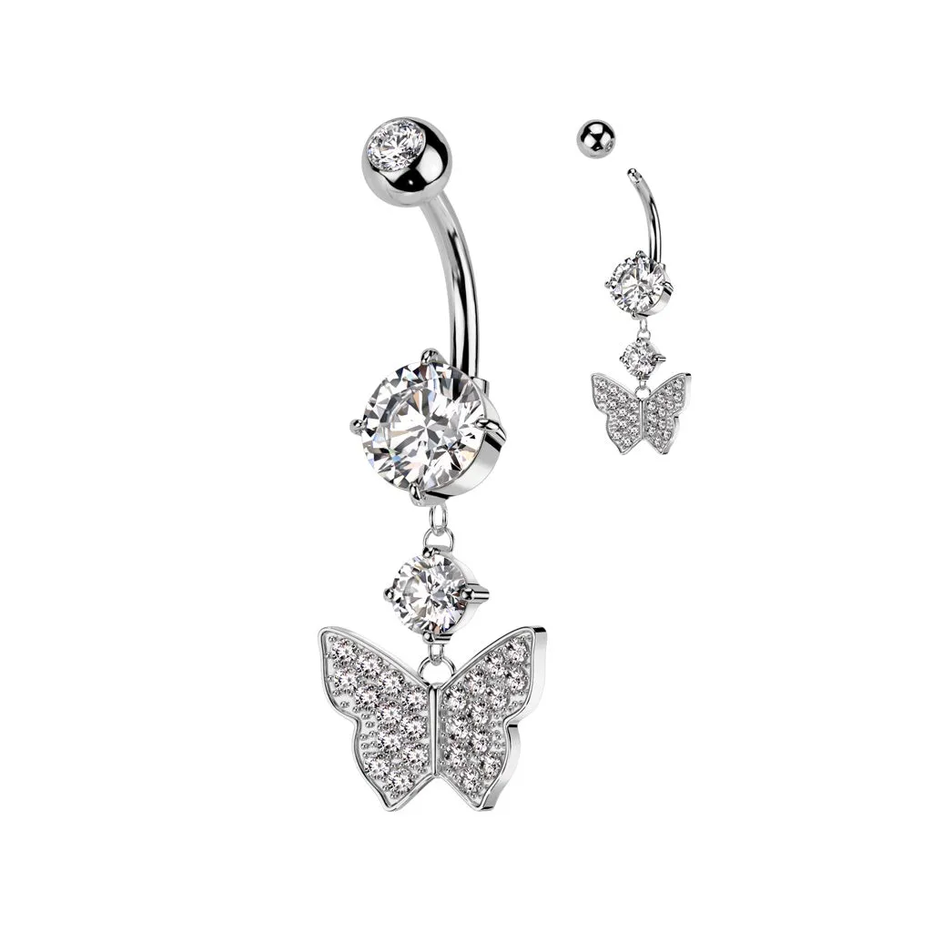 Belly Ring - Butterfly Paved Cubic Zirconia - Silver