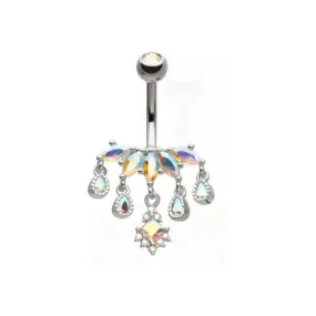 Belly Ring -5-Cluster Pronged Marquise Aurora Borealis CZ with 5 Dangle Gems - Silver