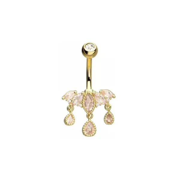 Belly Ring -5-Cluster Pronged Marquise Clear CZ with 3 Dangle Teardrop Pear Shape Gems - Gold