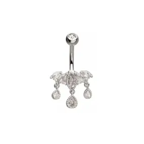 Belly Ring -5-Cluster Pronged Marquise Clear CZ with 3 Dangle Teardrop Pear Shape Gems - Silver