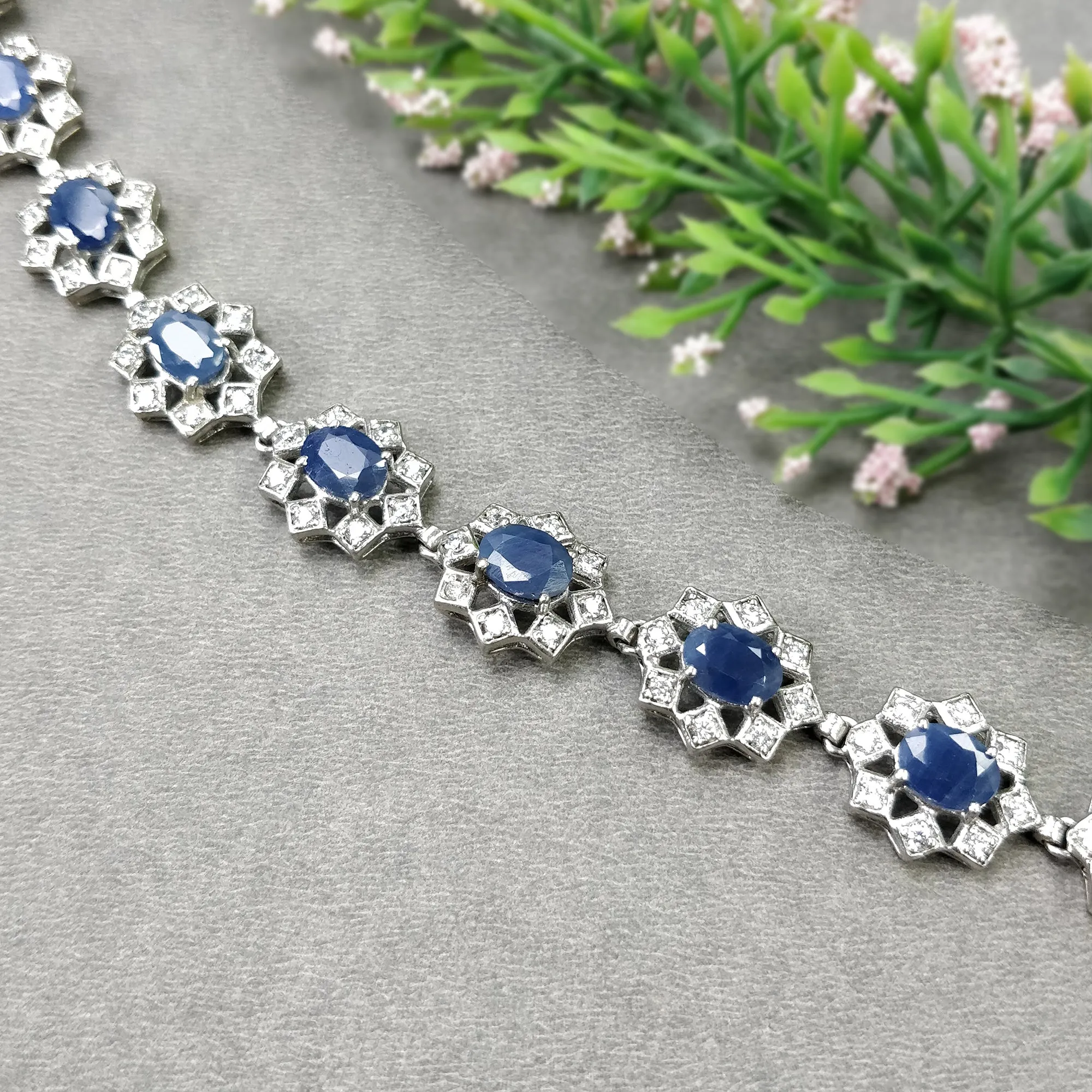 Blue SAPPHIRE Gemstone & CZ BRACELET : 925 Sterling Silver Natural Sapphire Prong Set Oval Normal Cut Tennis Bracelet 7"