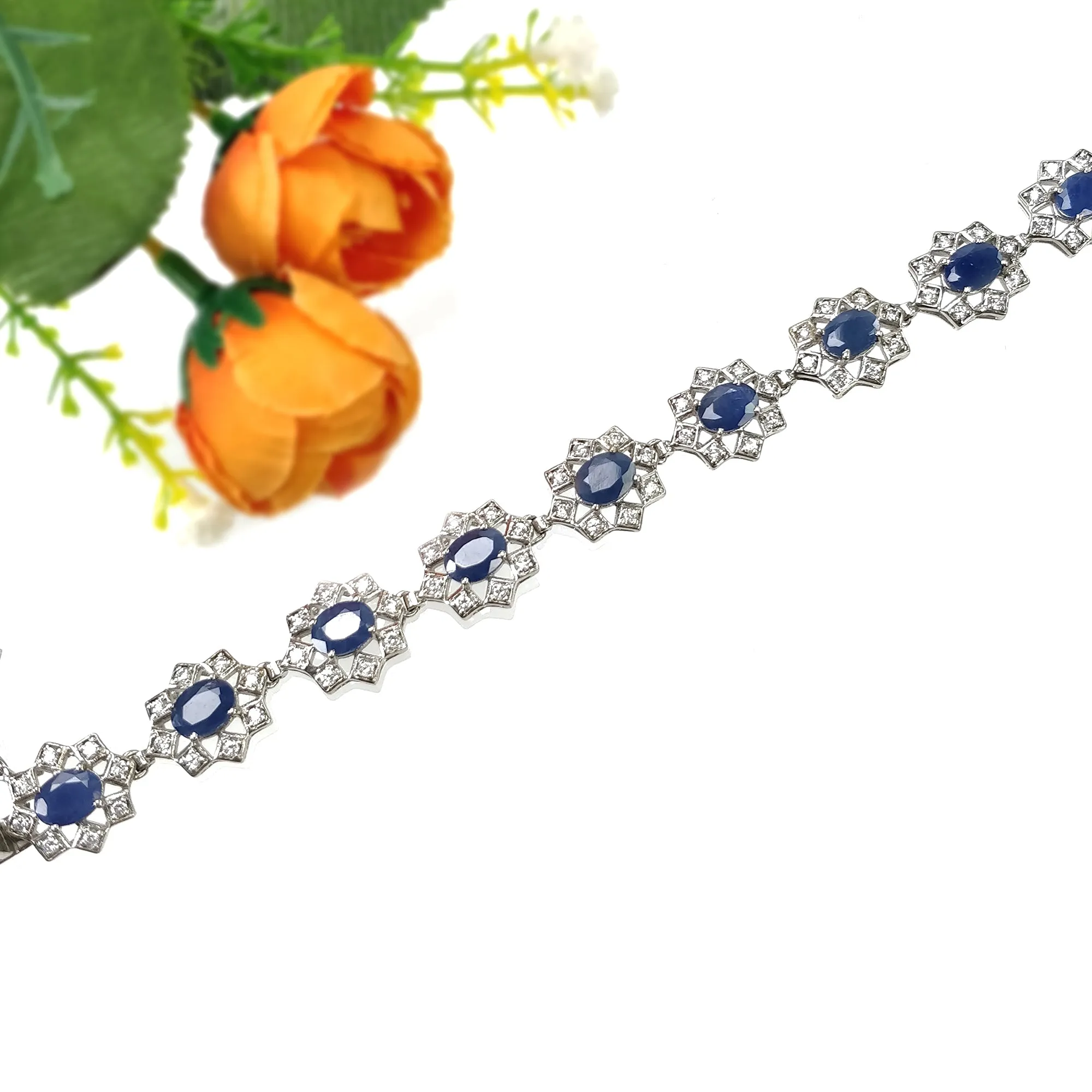 Blue SAPPHIRE Gemstone & CZ BRACELET : 925 Sterling Silver Natural Sapphire Prong Set Oval Normal Cut Tennis Bracelet 7"