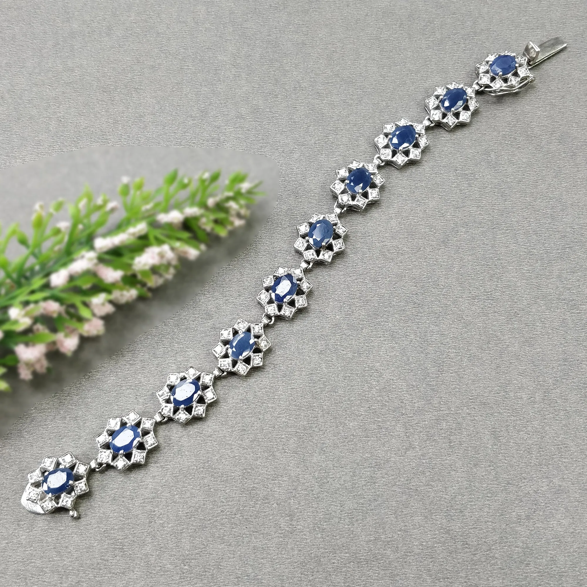 Blue SAPPHIRE Gemstone & CZ BRACELET : 925 Sterling Silver Natural Sapphire Prong Set Oval Normal Cut Tennis Bracelet 7"