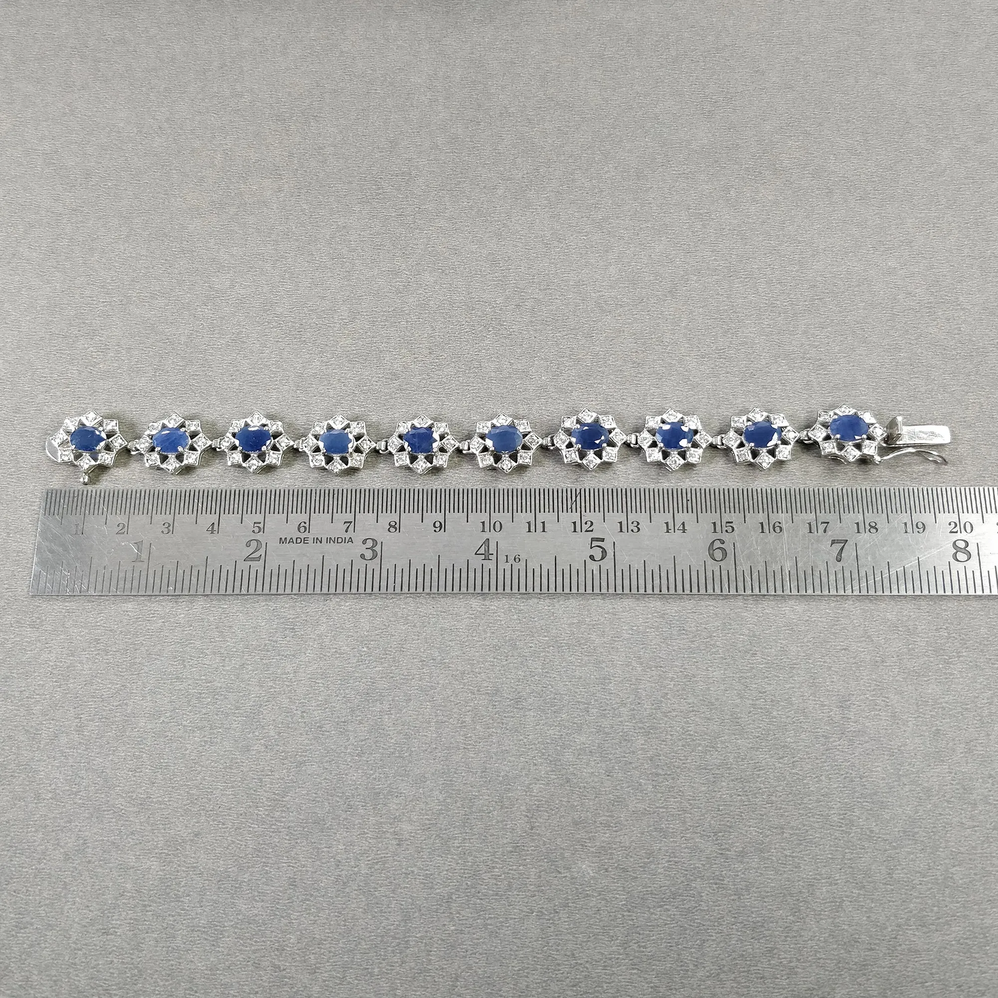 Blue SAPPHIRE Gemstone & CZ BRACELET : 925 Sterling Silver Natural Sapphire Prong Set Oval Normal Cut Tennis Bracelet 7"