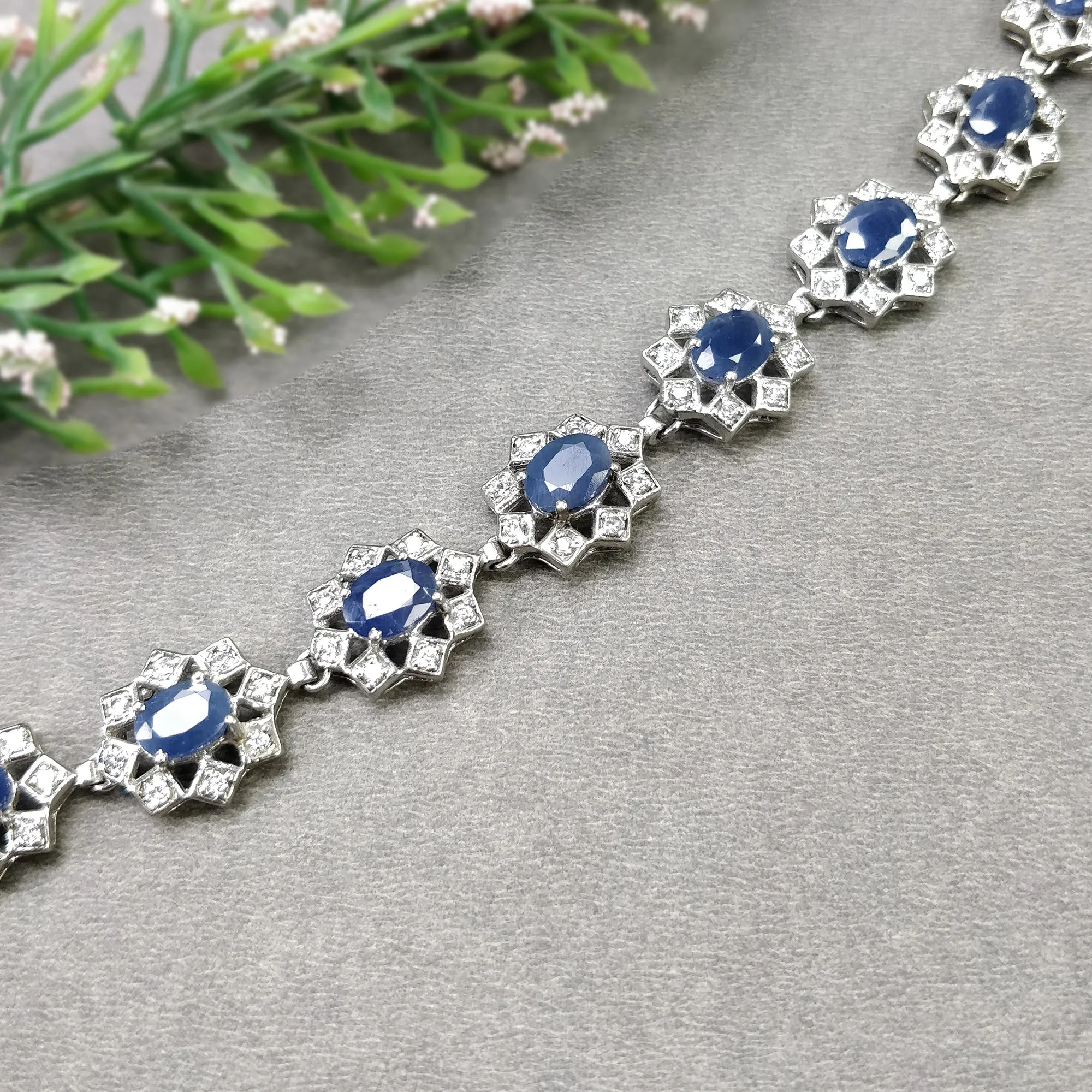 Blue SAPPHIRE Gemstone & CZ BRACELET : 925 Sterling Silver Natural Sapphire Prong Set Oval Normal Cut Tennis Bracelet 7"