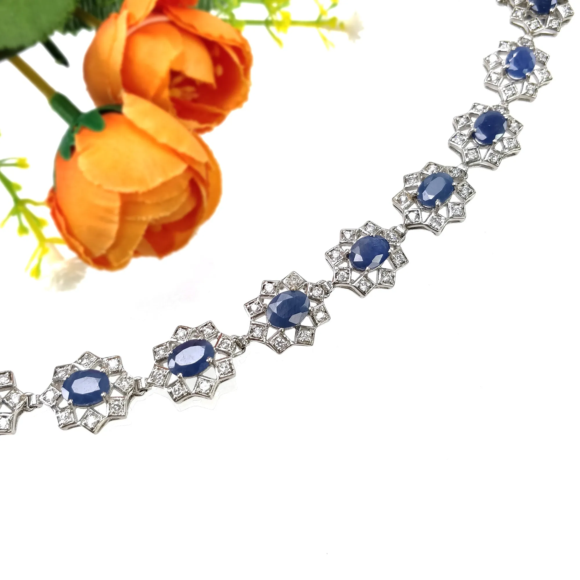 Blue SAPPHIRE Gemstone & CZ BRACELET : 925 Sterling Silver Natural Sapphire Prong Set Oval Normal Cut Tennis Bracelet 7"