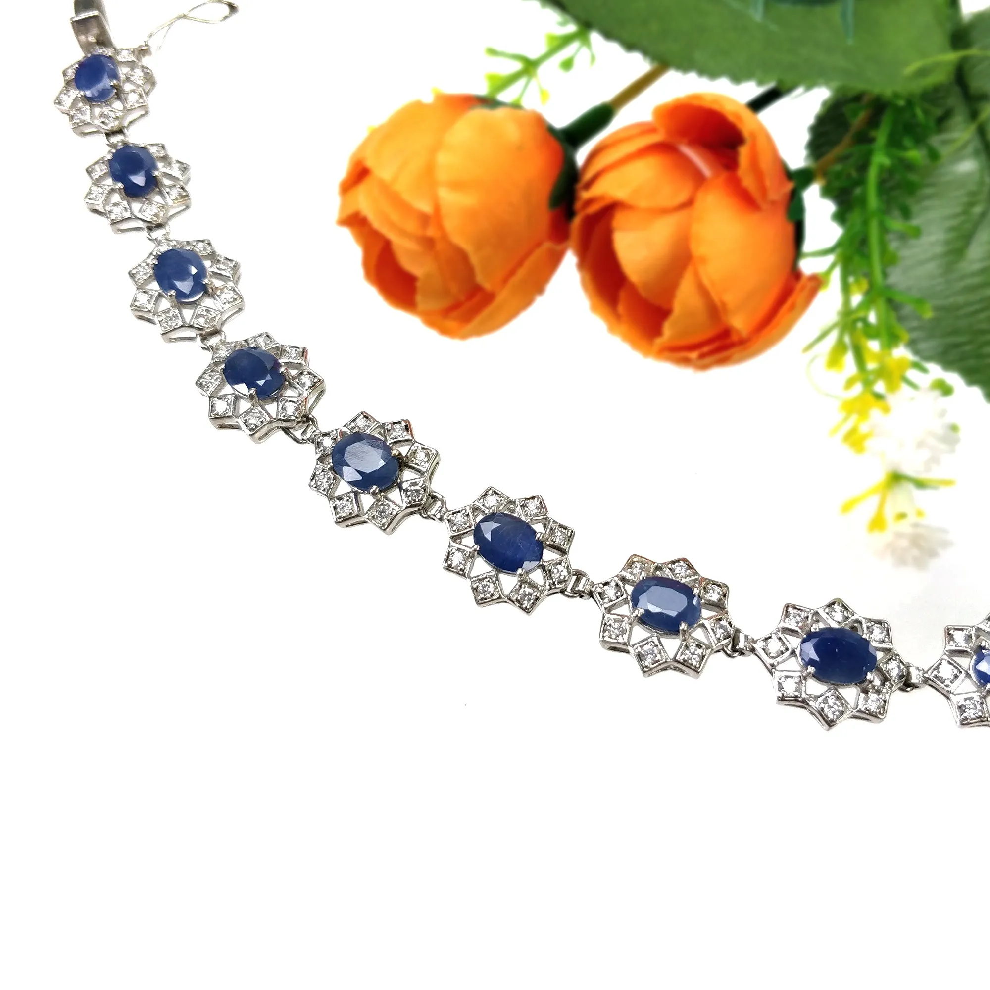 Blue SAPPHIRE Gemstone & CZ BRACELET : 925 Sterling Silver Natural Sapphire Prong Set Oval Normal Cut Tennis Bracelet 7"