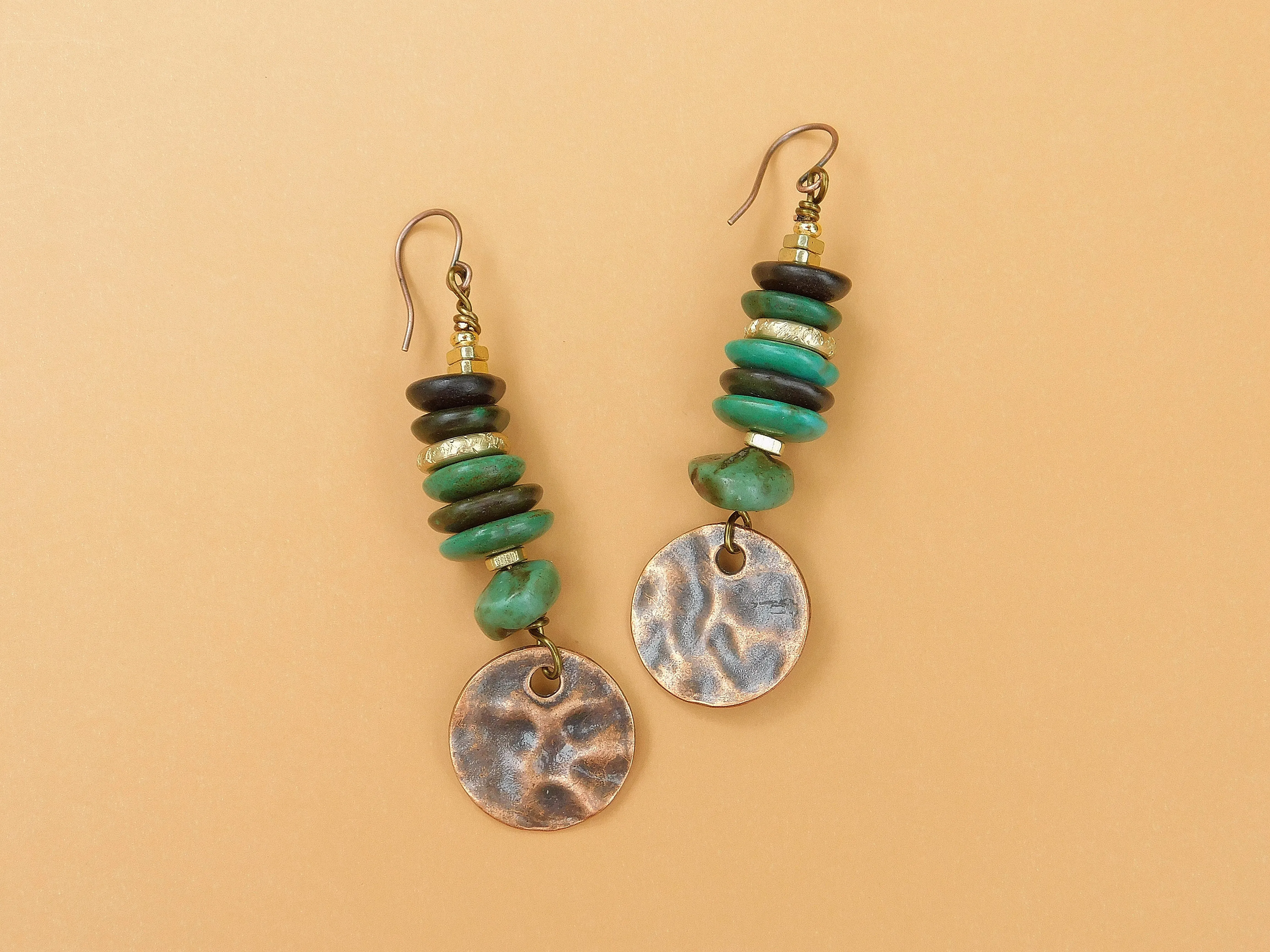 Boho Turquoise and Hammered Copper Charm Earrings