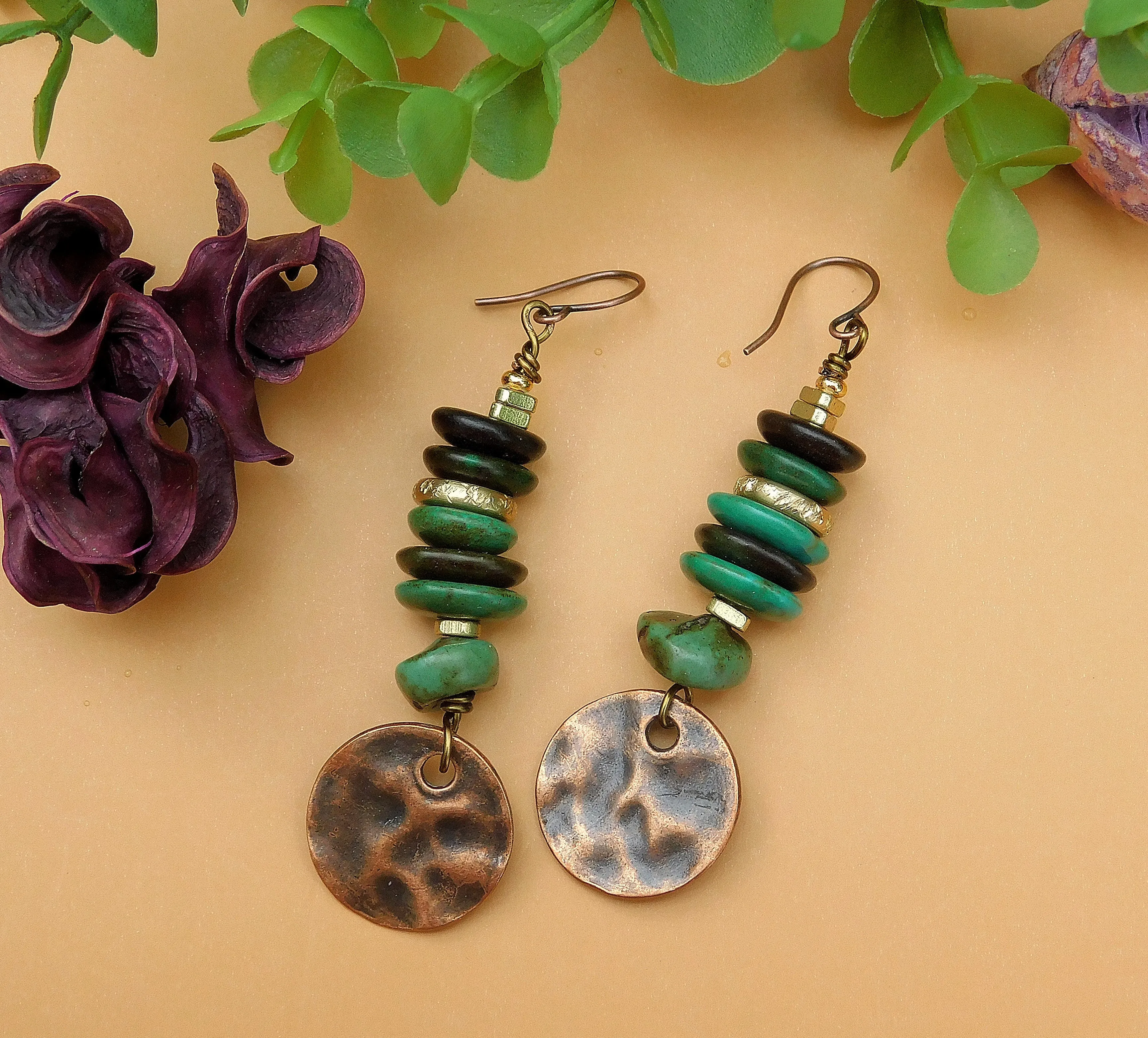 Boho Turquoise and Hammered Copper Charm Earrings