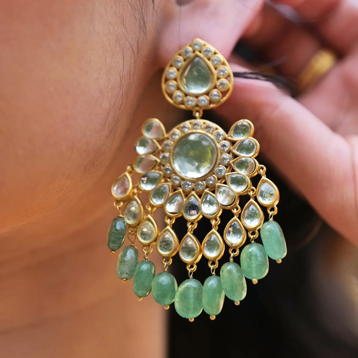 Chandni Statement Earrings - Green Strawberry Quartz