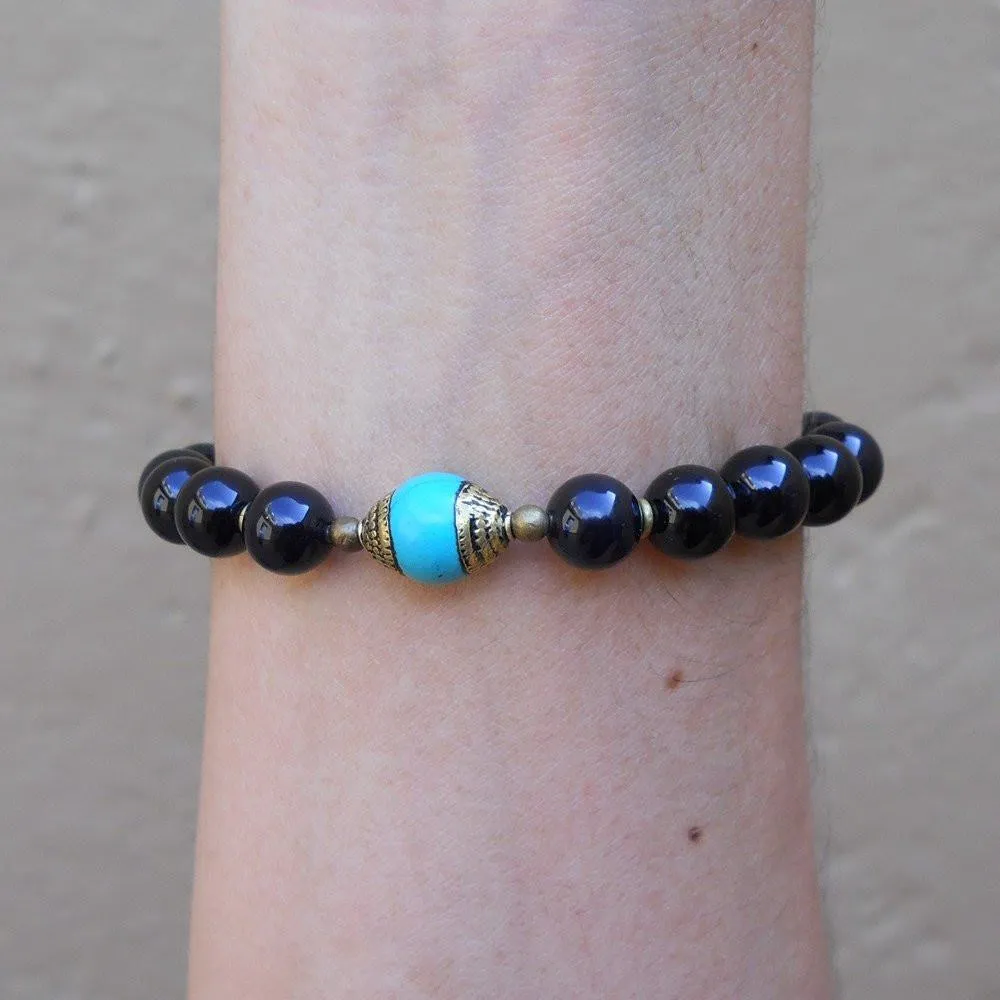 Communication and Patience, Genuine Onyx and Tibetan Capped Turquoise Guru Bead Mala Bracelet